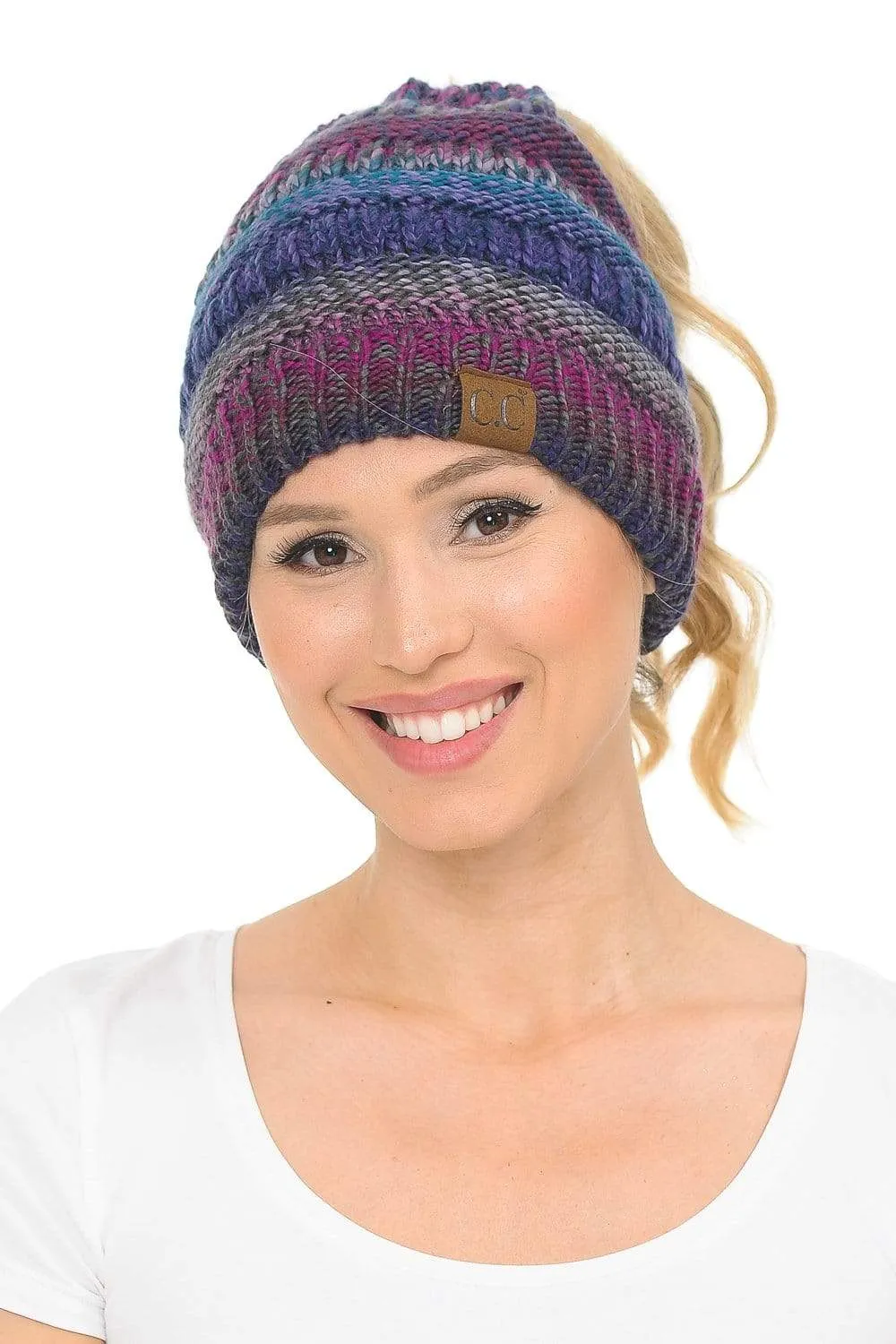 C.C MB705 - Soft Stretch Cable Knit Warm Hat High Bun Ponytail Multi Color Tribal Beanie