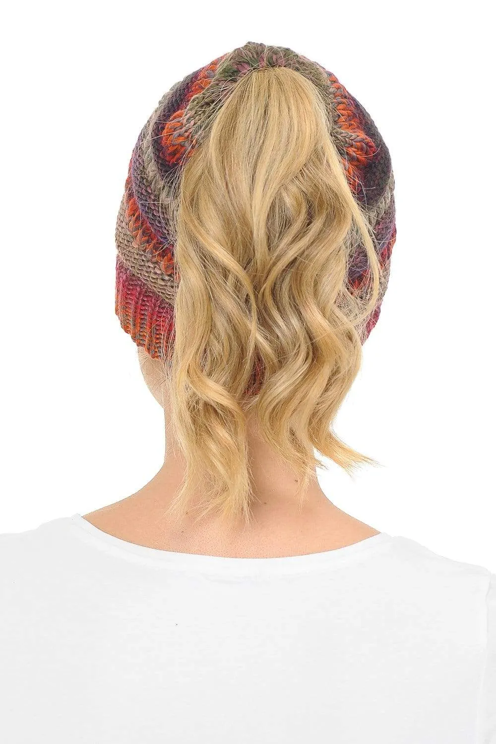 C.C MB705 - Soft Stretch Cable Knit Warm Hat High Bun Ponytail Multi Color Tribal Beanie