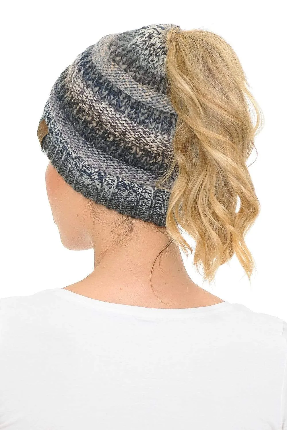 C.C MB705 - Soft Stretch Cable Knit Warm Hat High Bun Ponytail Multi Color Tribal Beanie