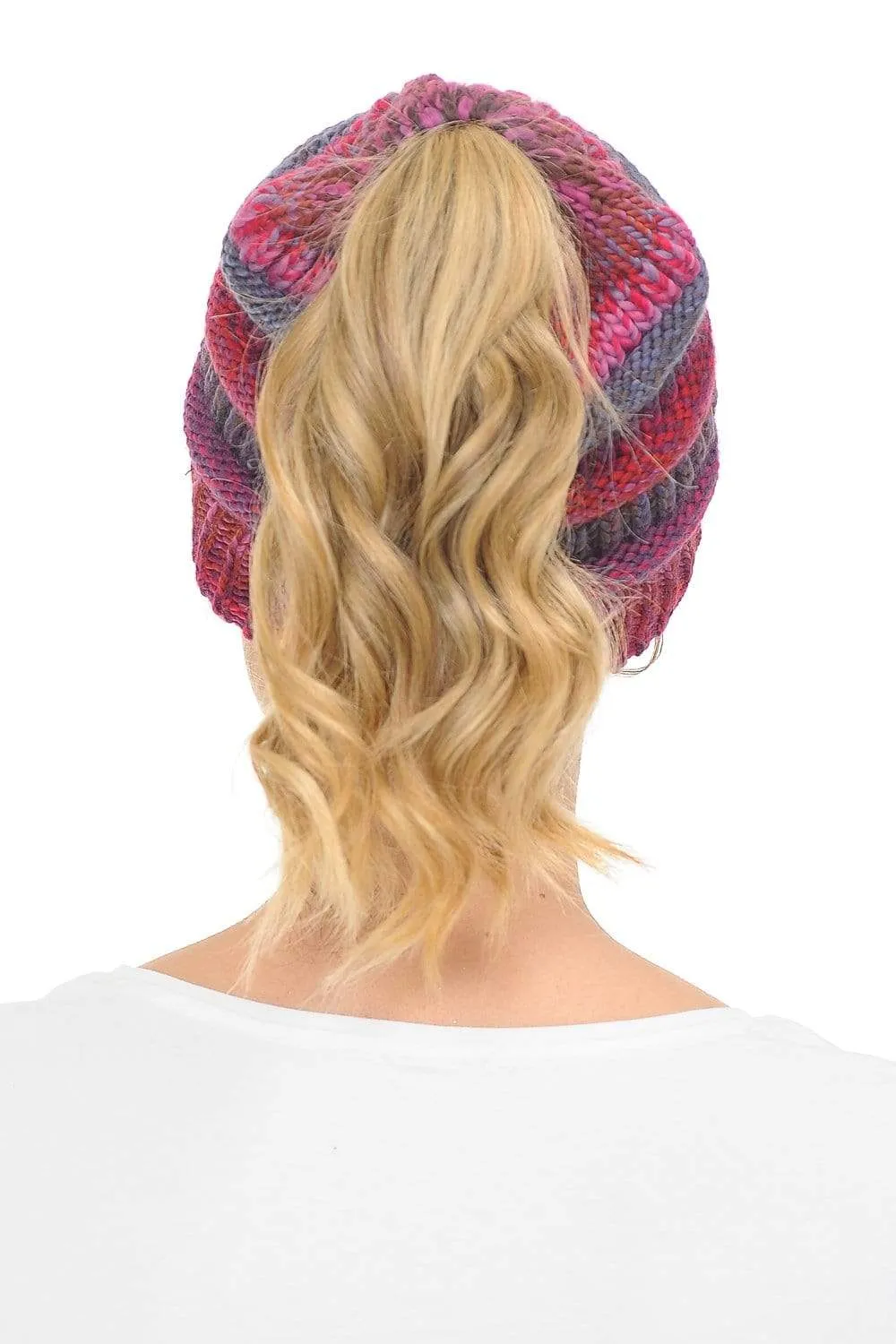 C.C MB705 - Soft Stretch Cable Knit Warm Hat High Bun Ponytail Multi Color Tribal Beanie