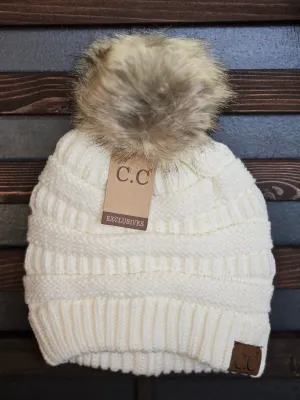 CC Trending Faux Fur Pom Beanie w/ Tan Pom in Ivory - ALL SALES FINAL