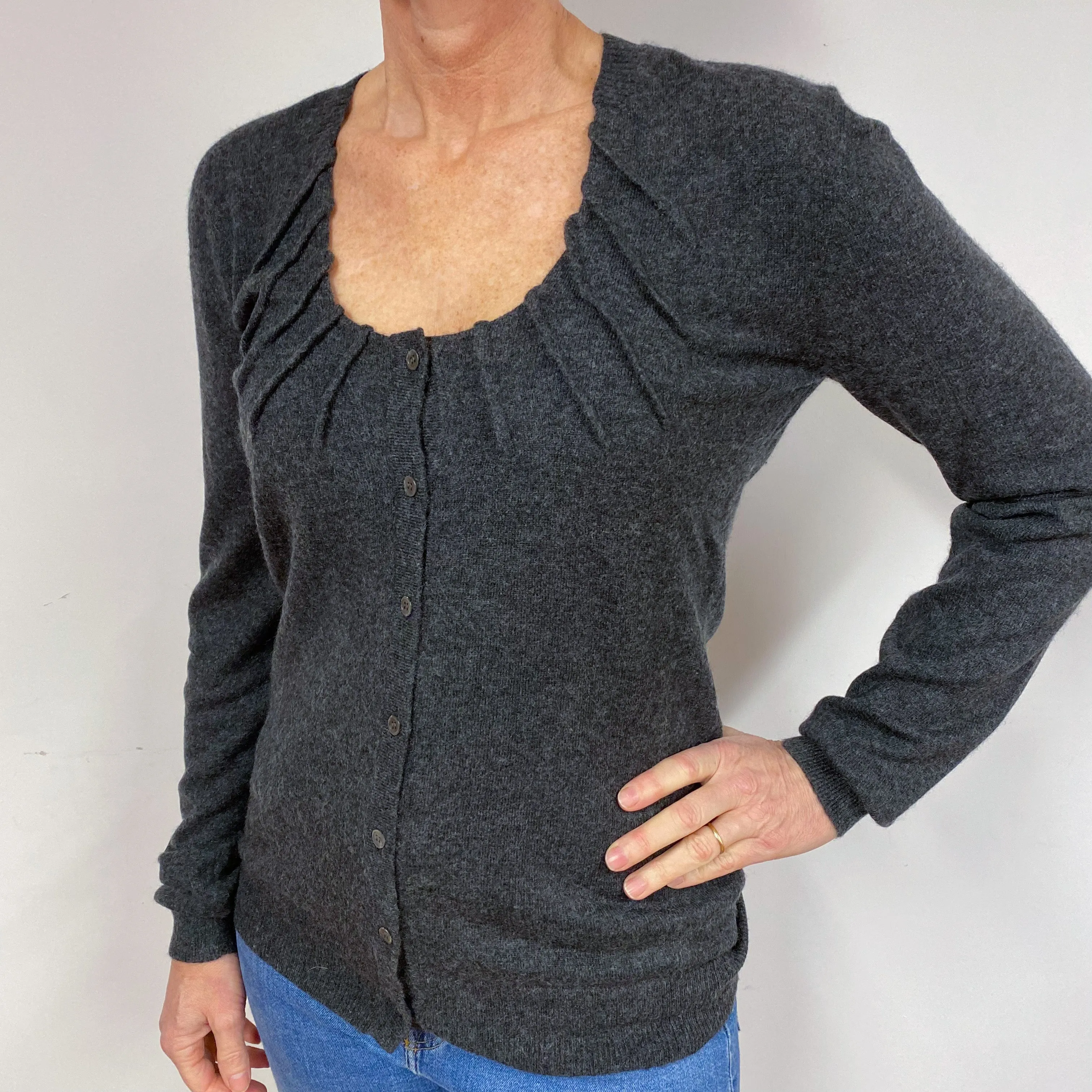 Charcoal Grey Ruched Cashmere Scoop Neck Cardigan Medium