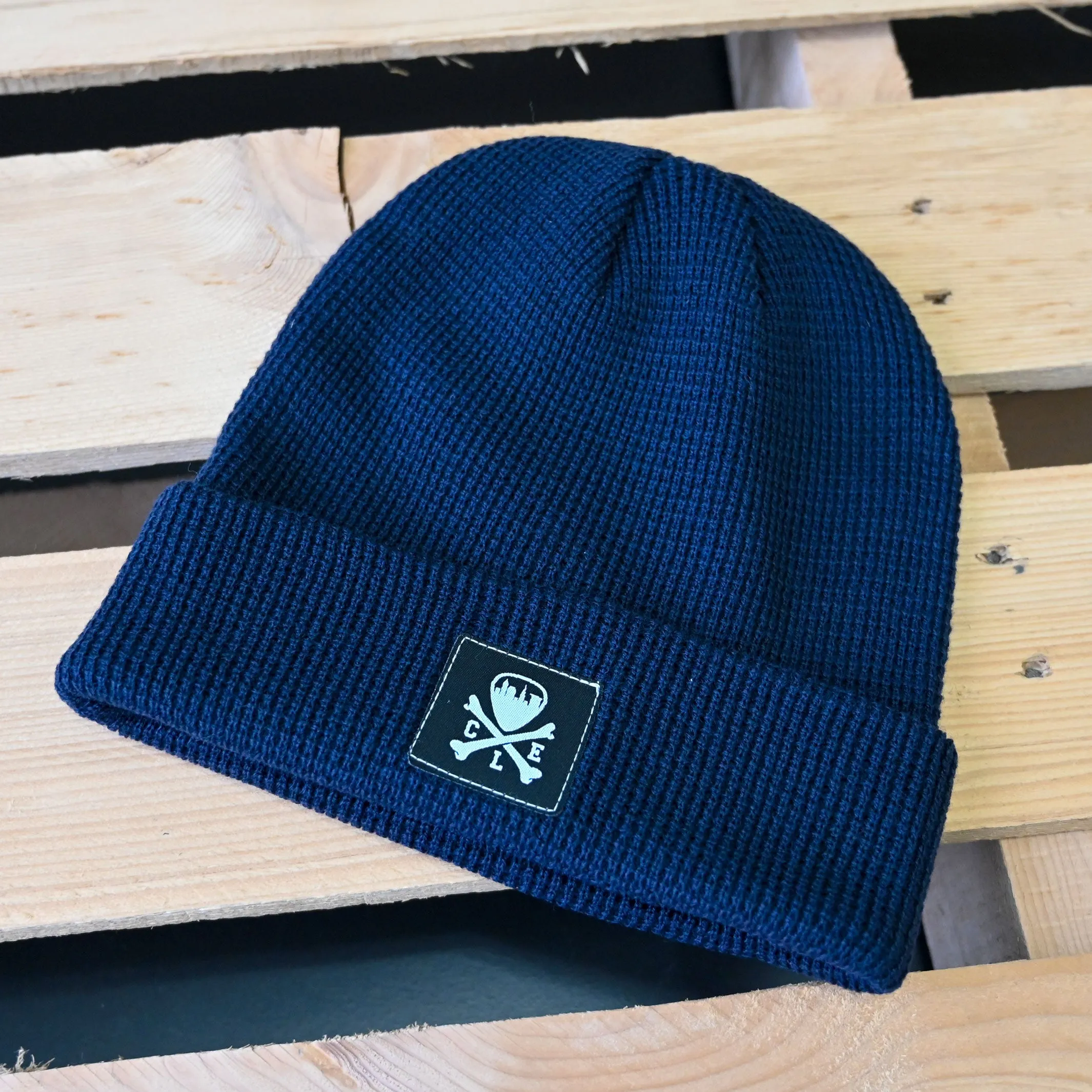 CLE Logo Waffle Knit Beanie, Navy
