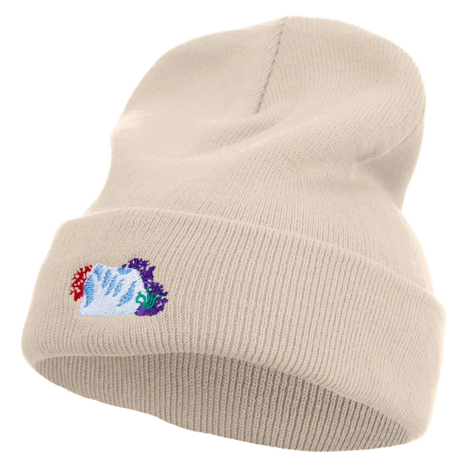 Coral Elements Embroidered 12 inch Long Knitted Beanie