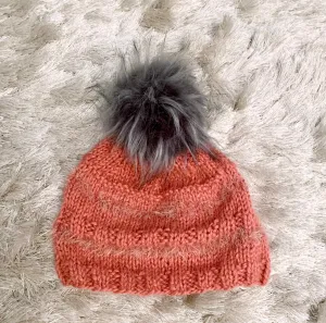 Coral Hand Knit Baby Alpaca Beanie with Pom Pom