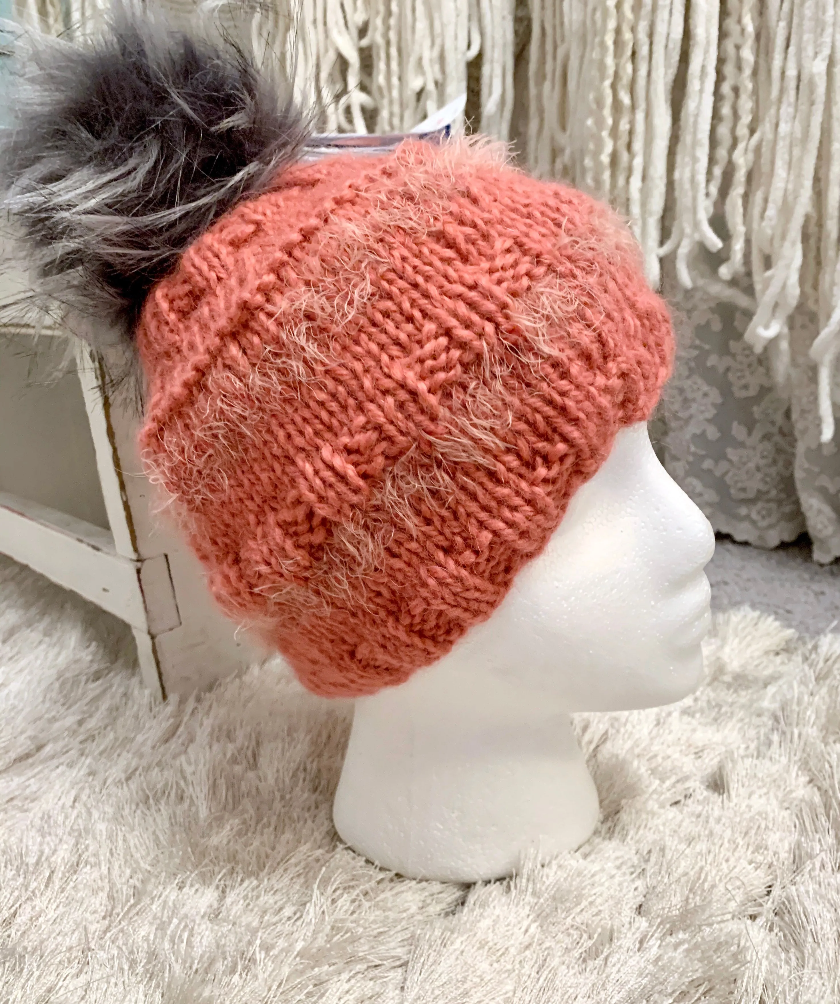 Coral Hand Knit Baby Alpaca Beanie with Pom Pom