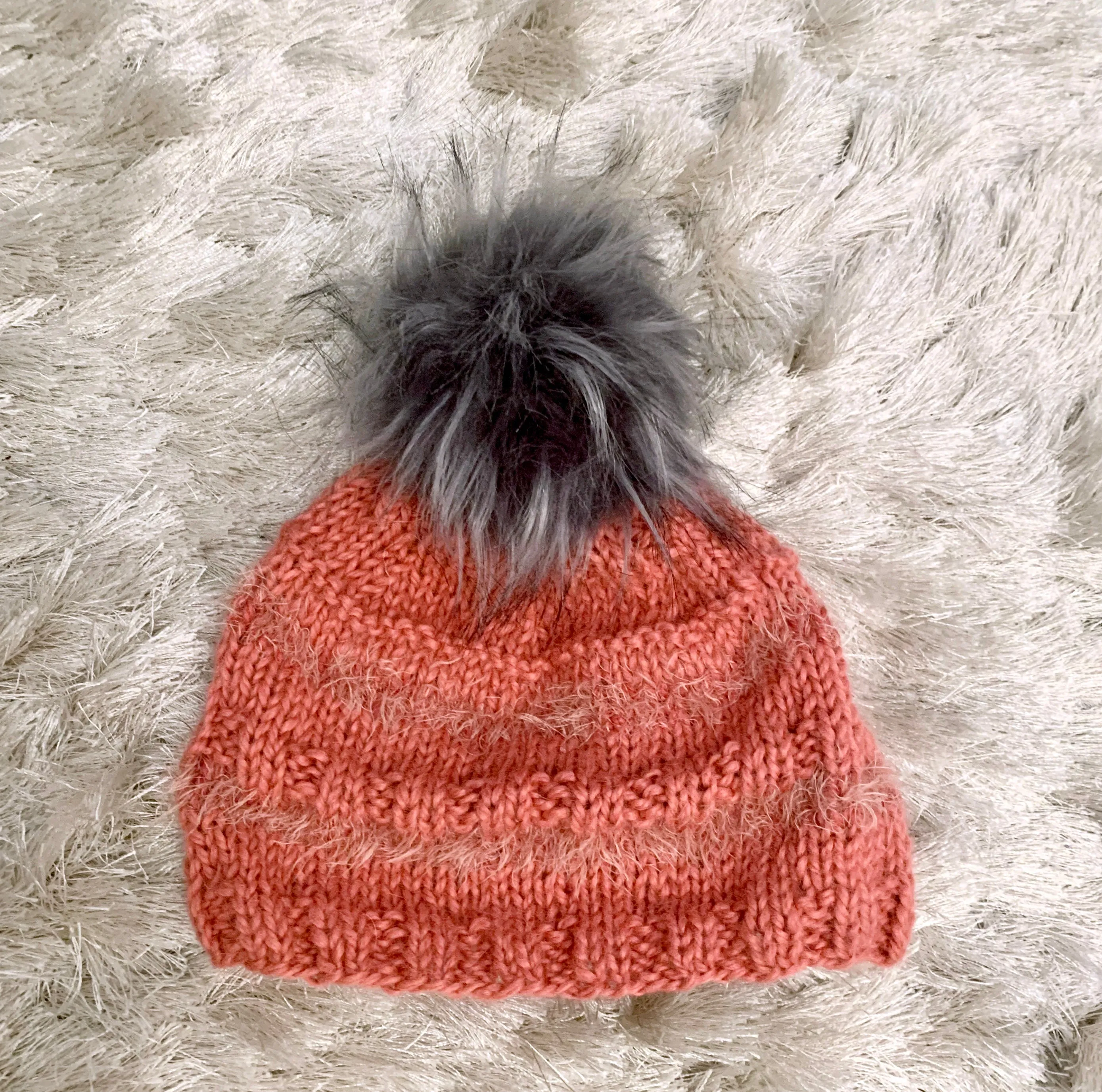 Coral Hand Knit Baby Alpaca Beanie with Pom Pom