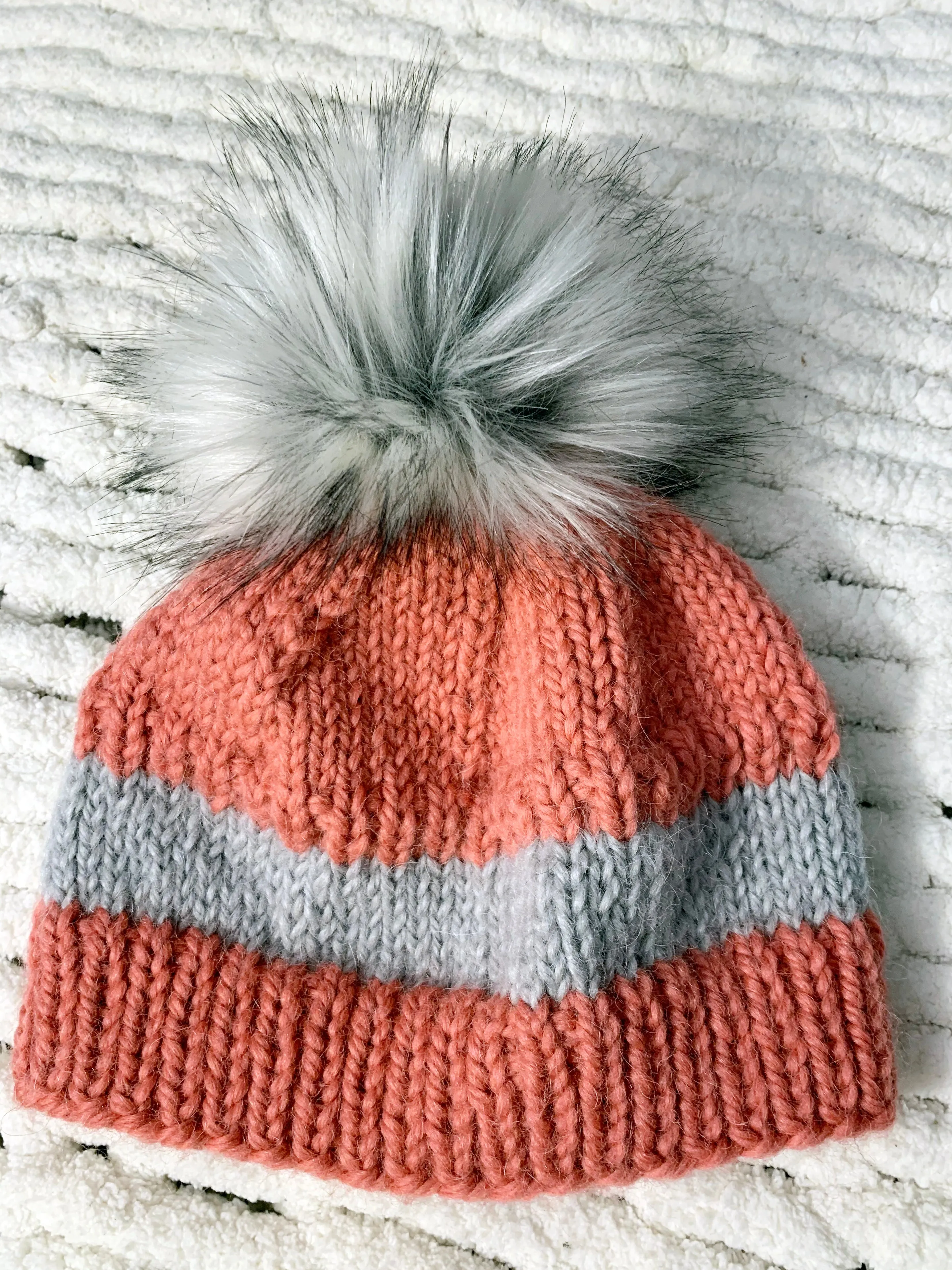 Coral with Gray Baby Alpaca Beanie with Pom-Pom