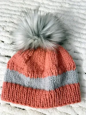 Coral with Gray Baby Alpaca Beanie with Pom-Pom