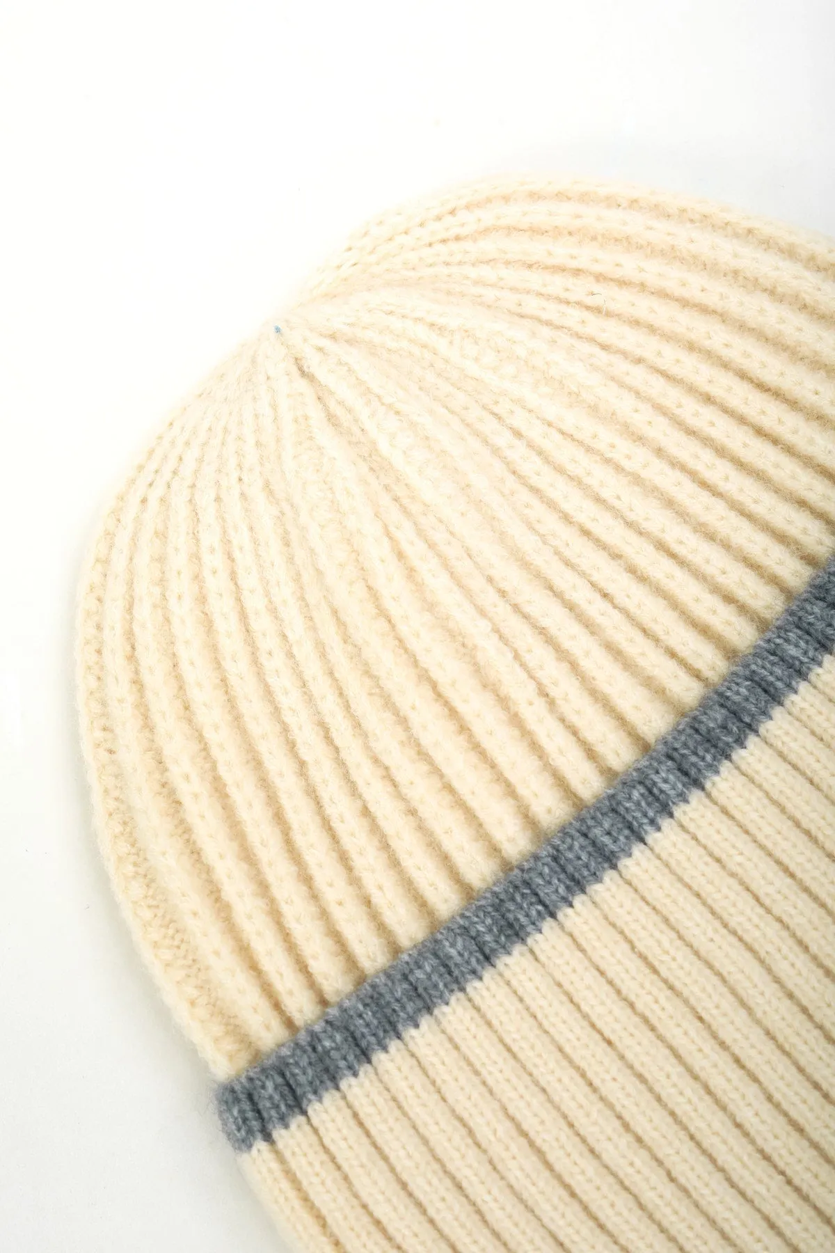 Cream Ribbed Beanie With Stripe Hem