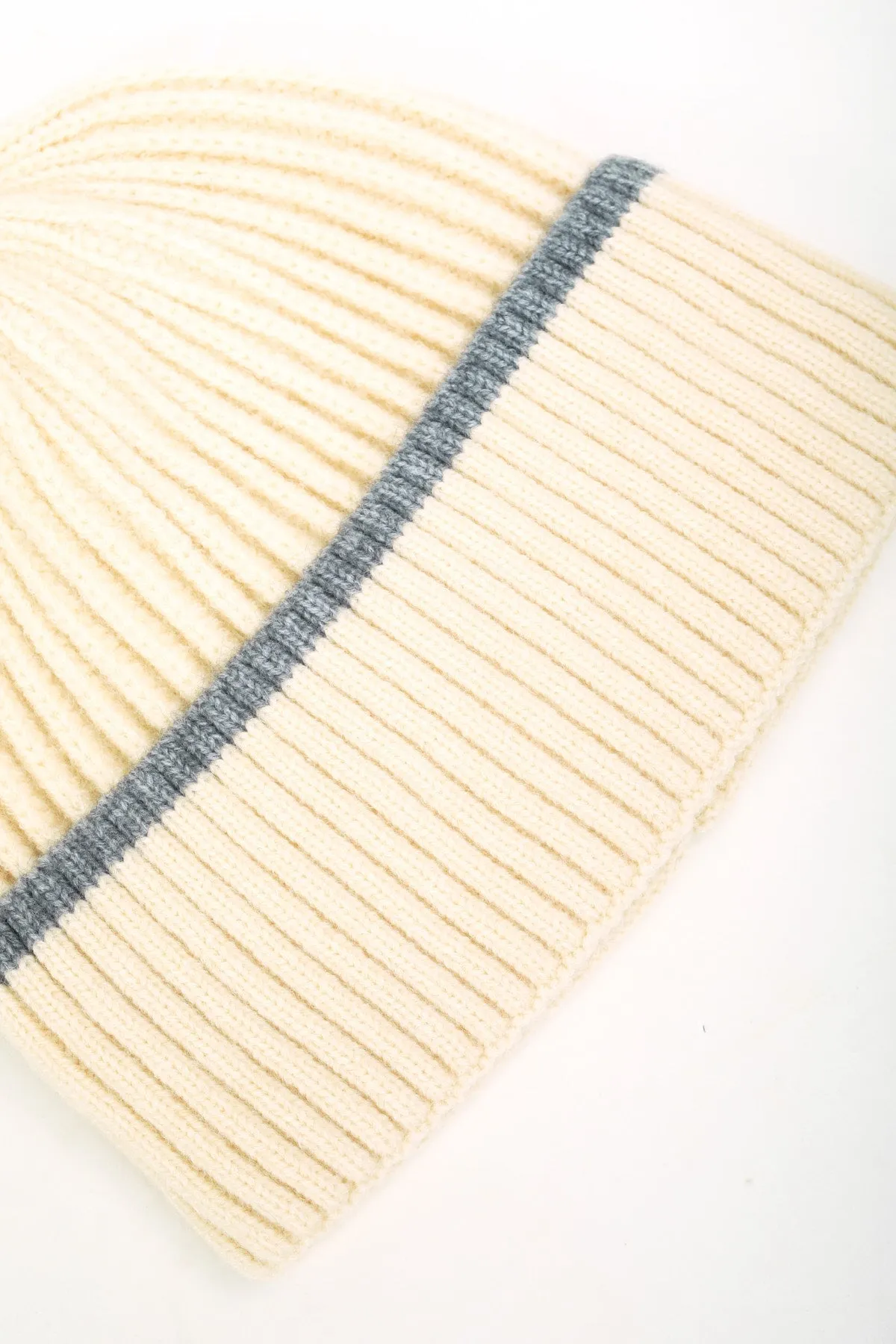 Cream Ribbed Beanie With Stripe Hem