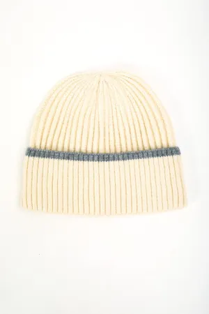 Cream Ribbed Beanie With Stripe Hem