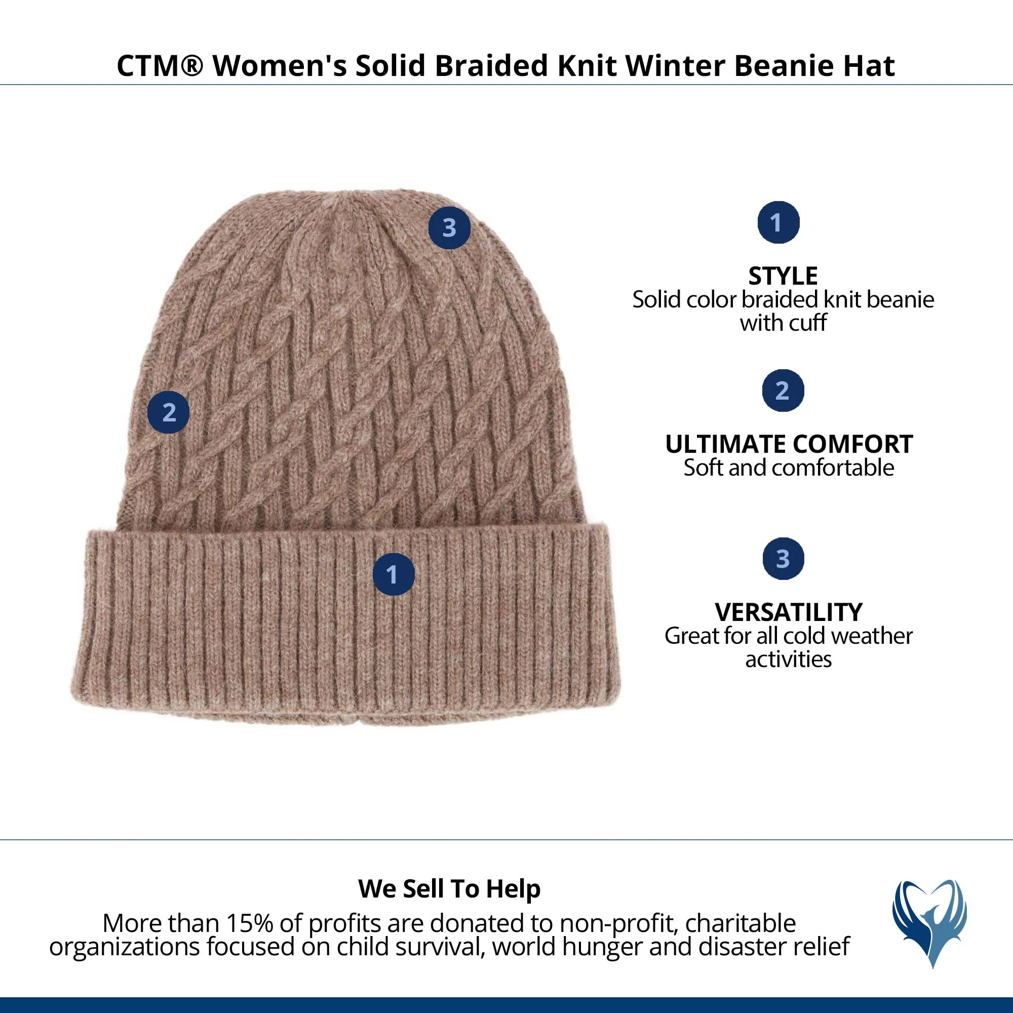 CTM® Women's Solid Braided Knit Winter Beanie Hat