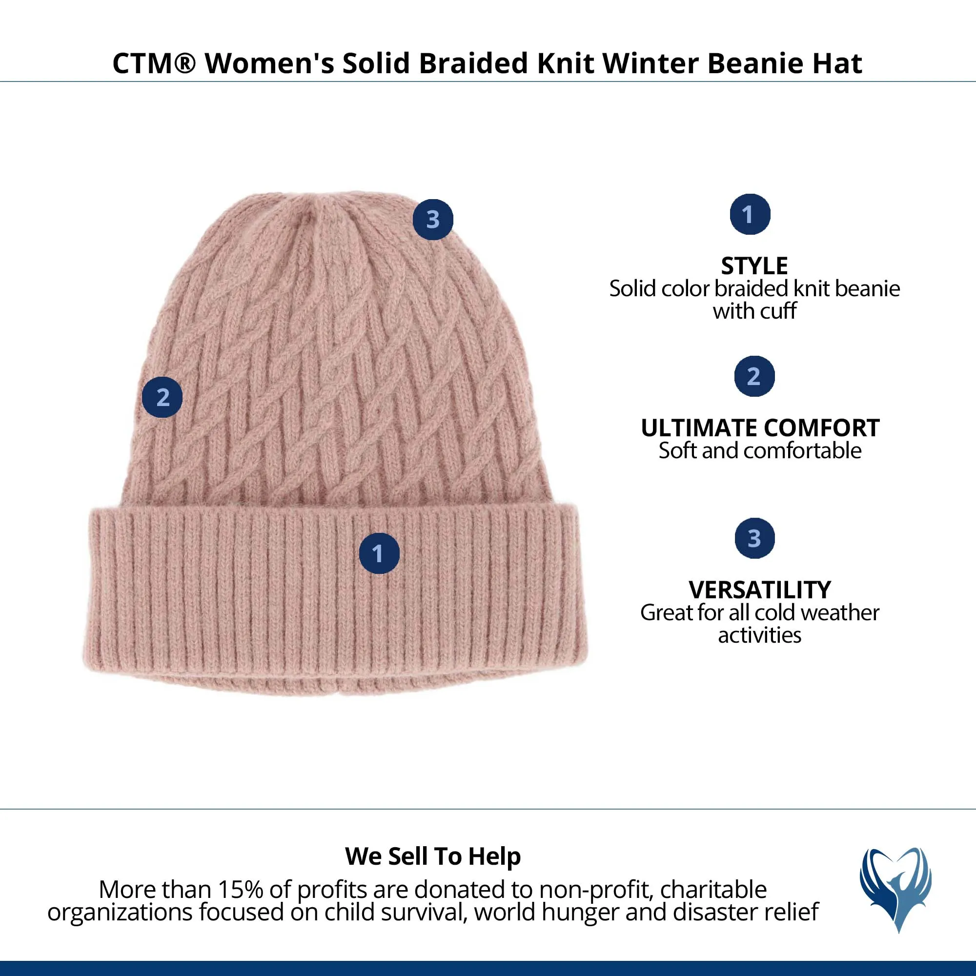 CTM® Women's Solid Braided Knit Winter Beanie Hat