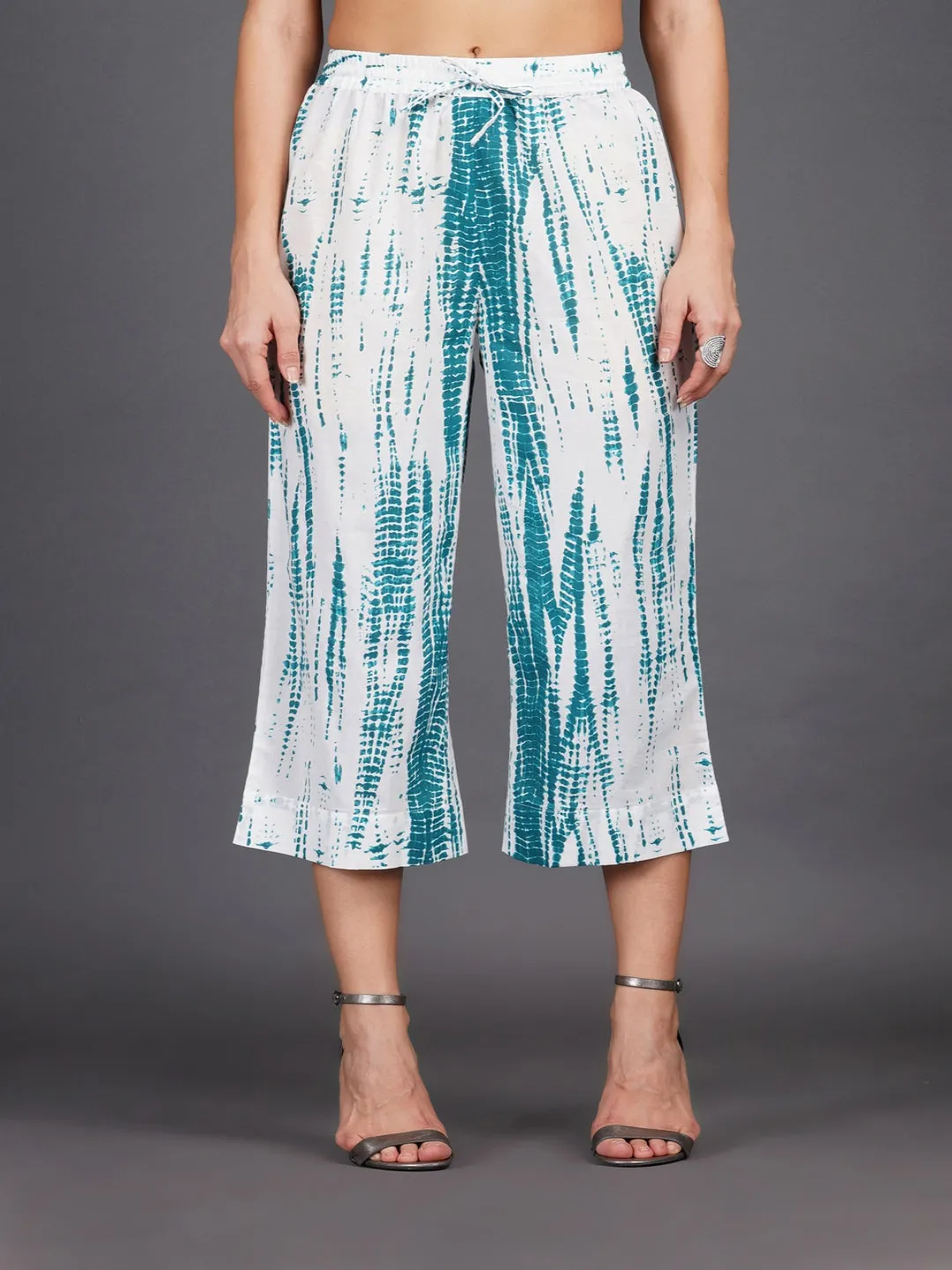 Dark Turquoise Shibori Print Straight Pants