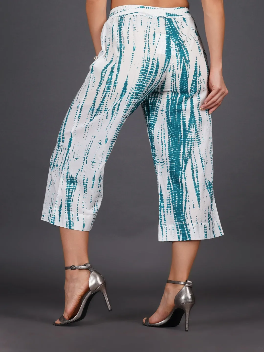 Dark Turquoise Shibori Print Straight Pants