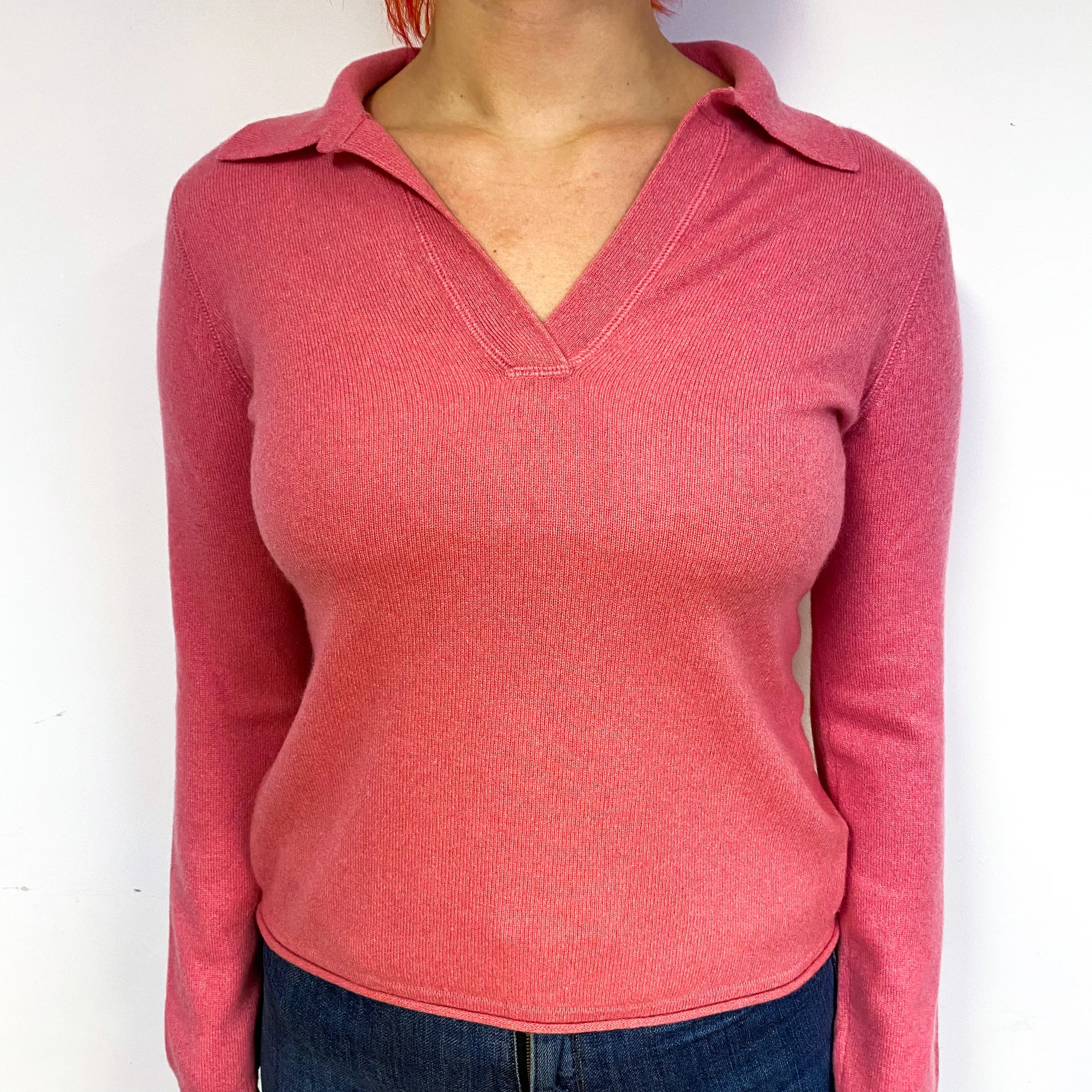 Deep Blush Pink Cashmere Collared V-Neck Jumper Small