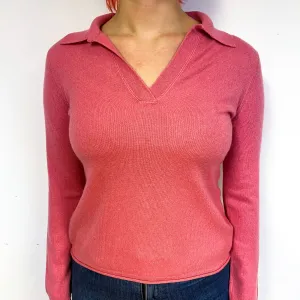 Deep Blush Pink Cashmere Collared V-Neck Jumper Small