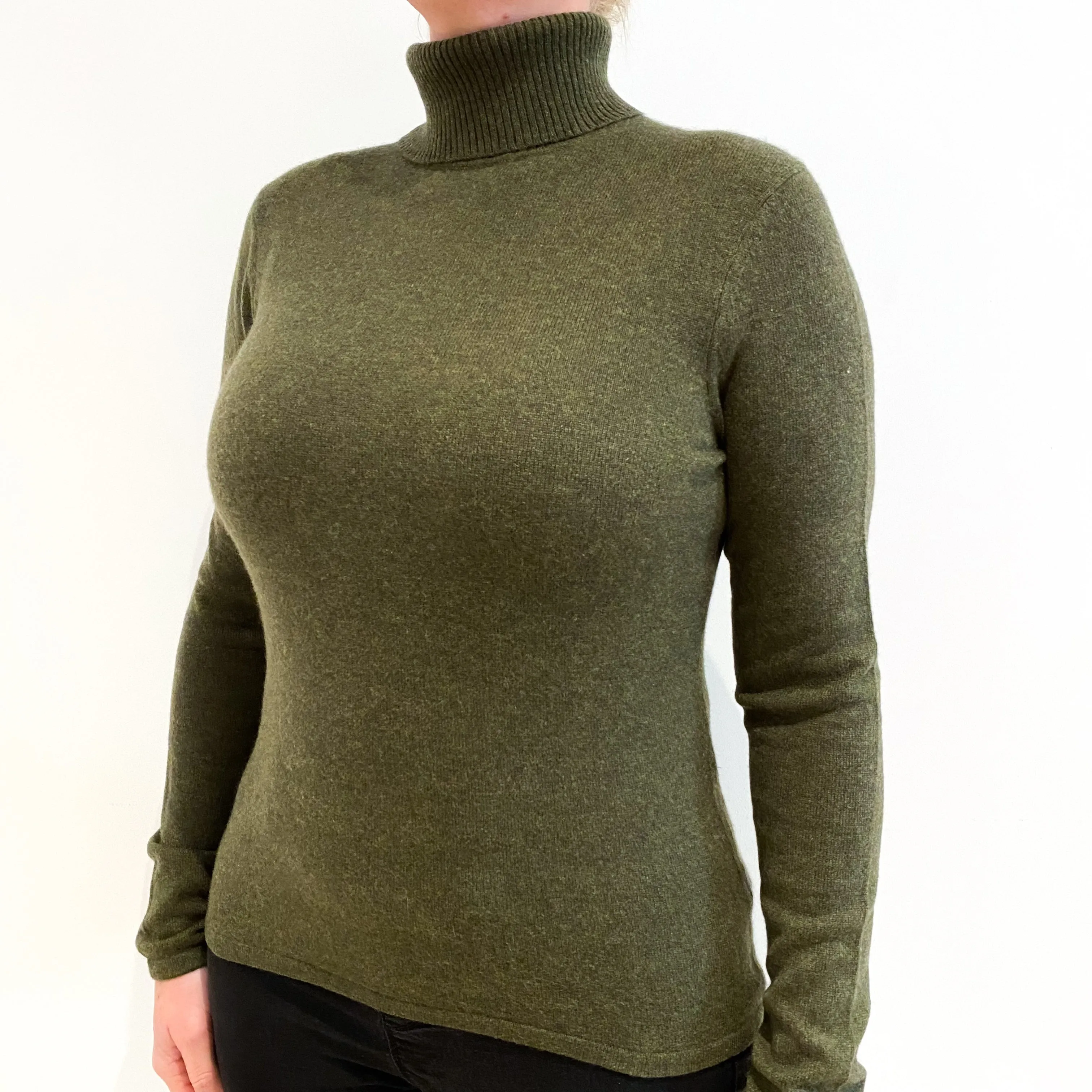 Deep Khaki Green Cashmere Polo Neck Jumper Large