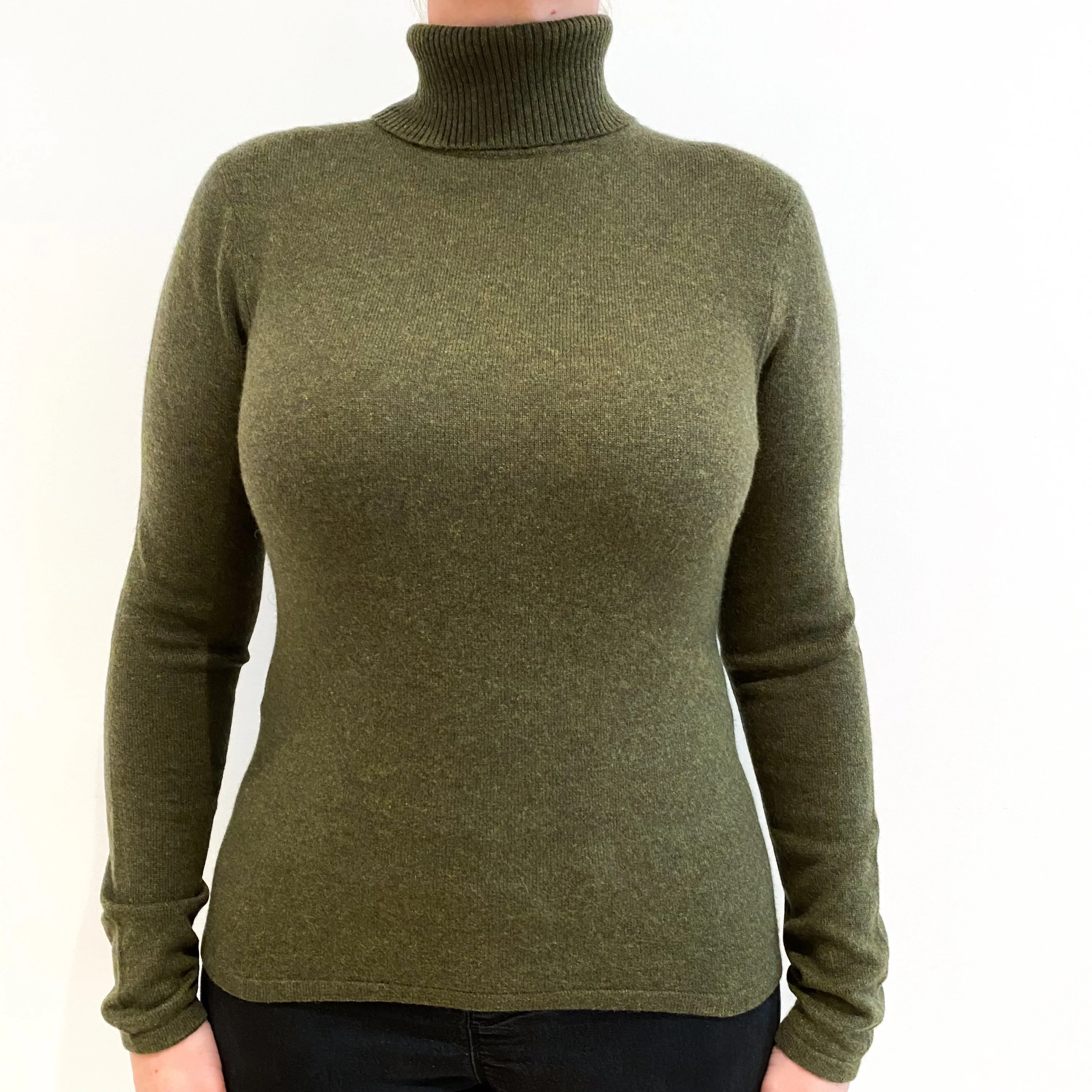 Deep Khaki Green Cashmere Polo Neck Jumper Large