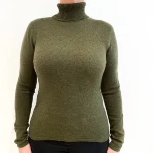 Deep Khaki Green Cashmere Polo Neck Jumper Large