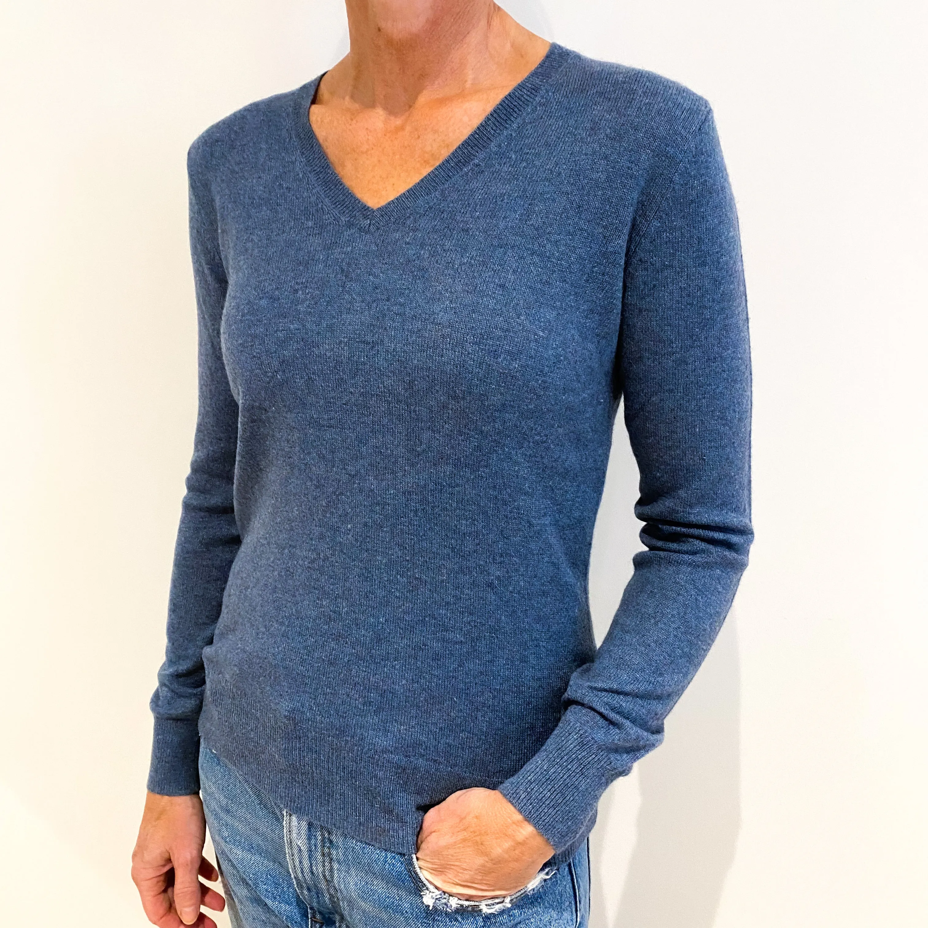 Dusky Denim Blue Cashmere V-Neck Jumper Small