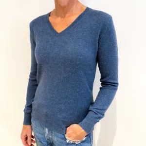 Dusky Denim Blue Cashmere V-Neck Jumper Small