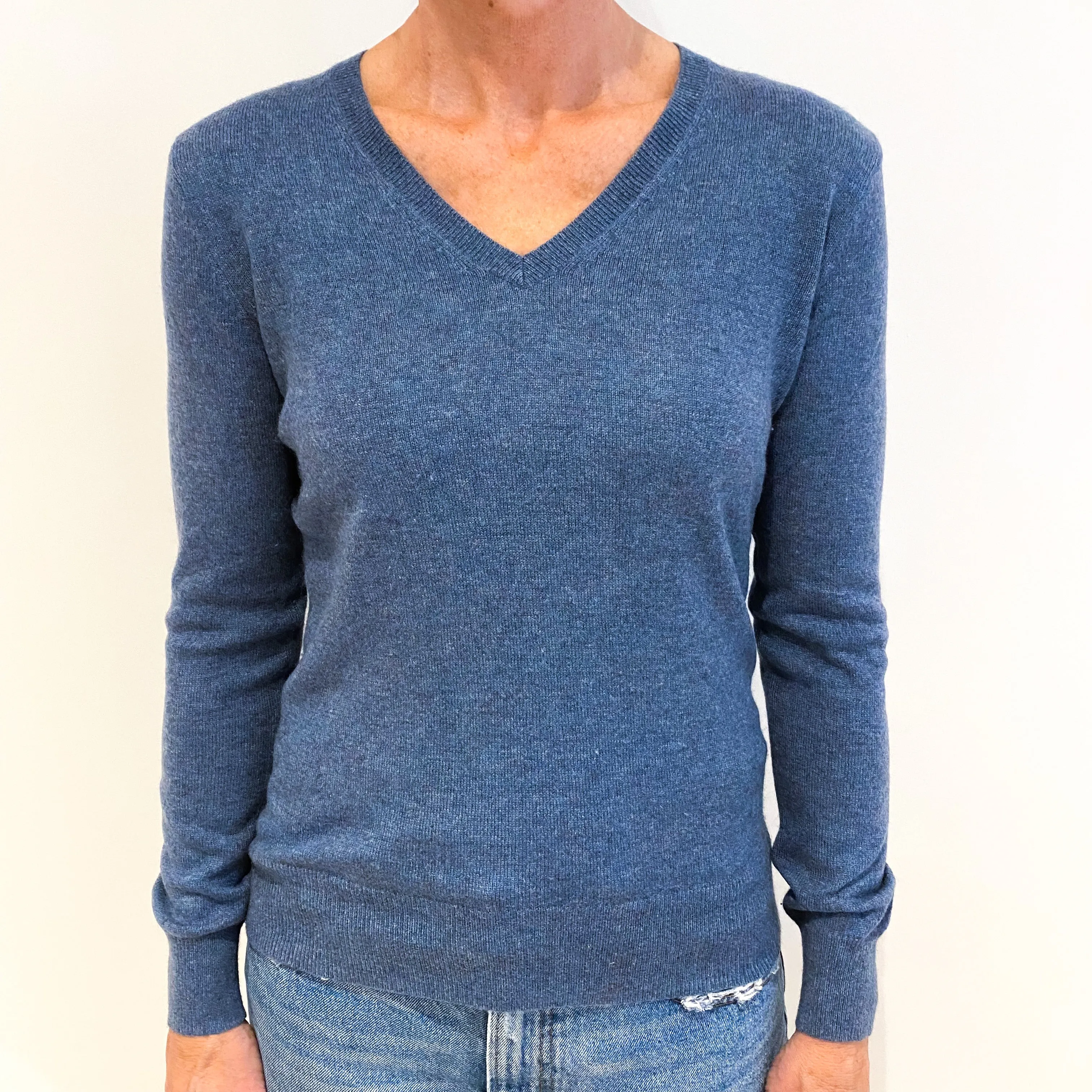 Dusky Denim Blue Cashmere V-Neck Jumper Small