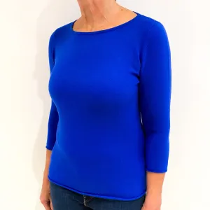 Electric Blue 3/4 Sleeve Cashmere Wide Crew Neck Jumper