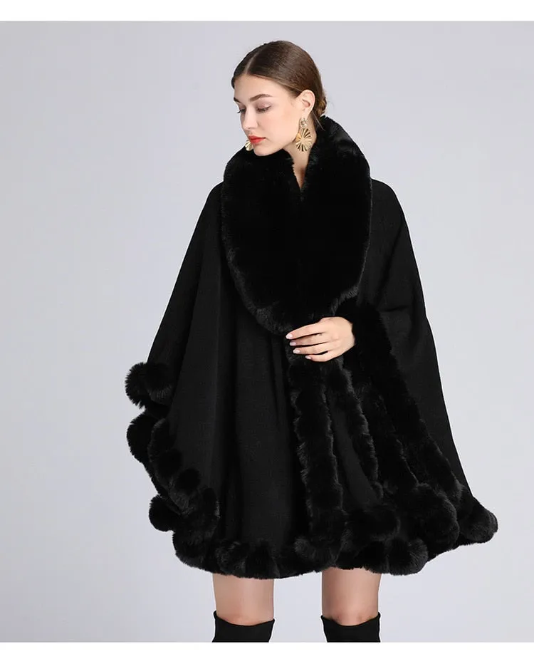 Elegant V Lapel Faux Rex Rabbit Fur Coat Cape Winter Women Big Long Shawl Full Trim Fur Knit Cloak Overcoat Parka