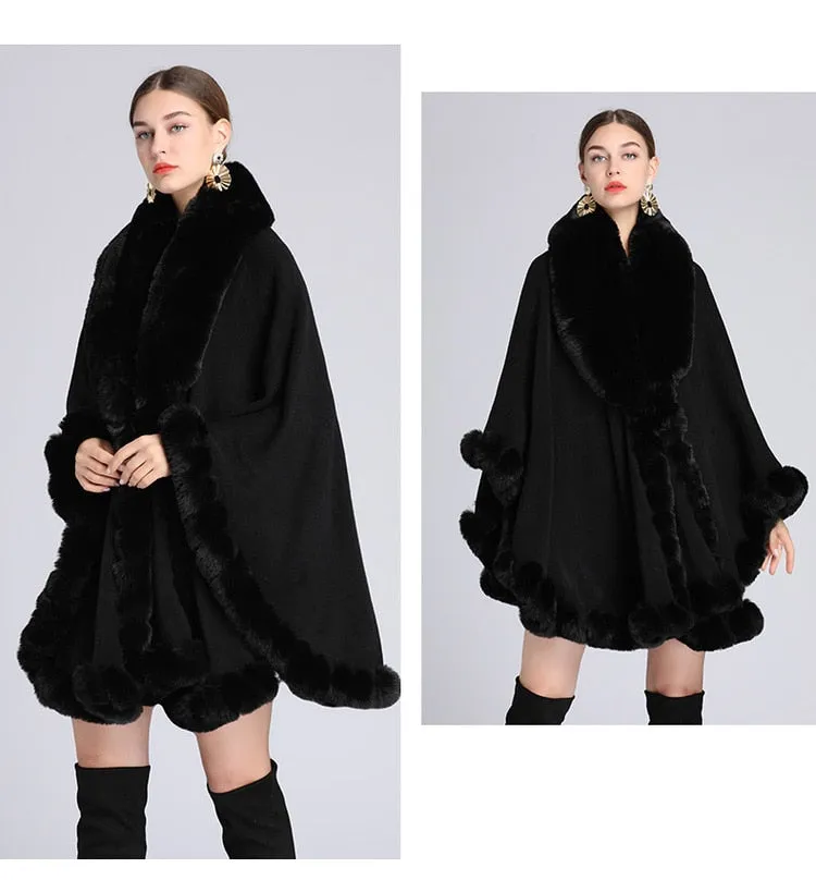 Elegant V Lapel Faux Rex Rabbit Fur Coat Cape Winter Women Big Long Shawl Full Trim Fur Knit Cloak Overcoat Parka