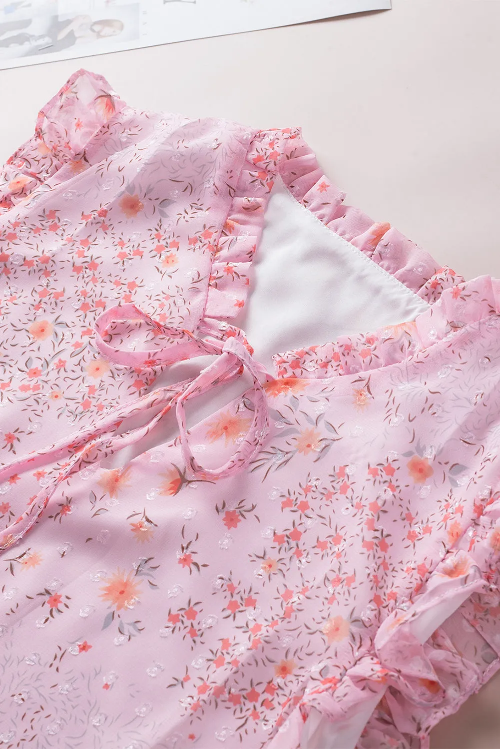 Floral Print Drawstring Frill Trim Sleeveless Top