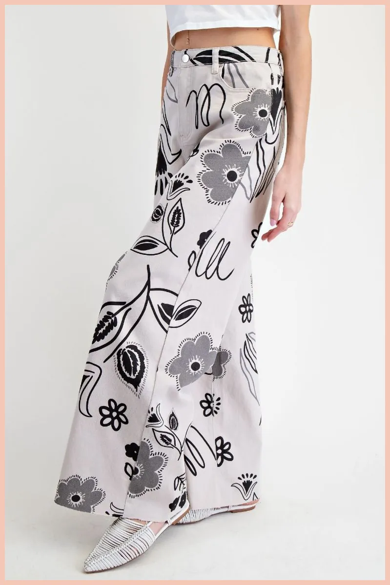 Floral Print Washed Twill Wide Pants