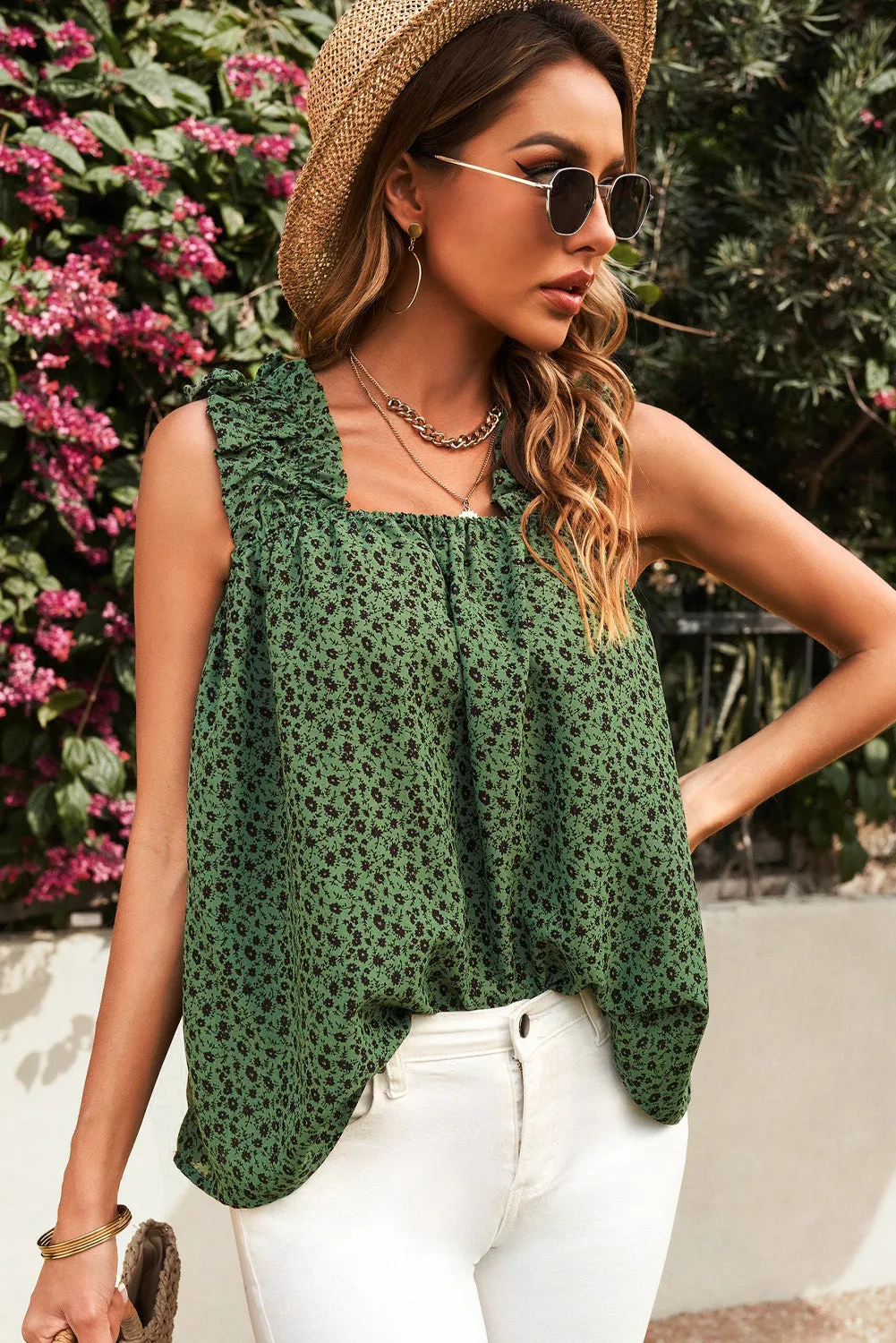 Floral Ruffled Straps Flowy Tank Top