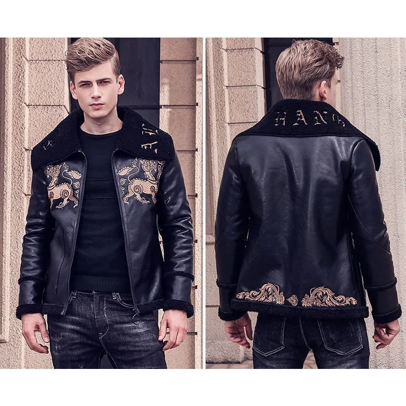 Free Shipping fanzhuan New 2017 fashion male Mens embroidery leather jacket