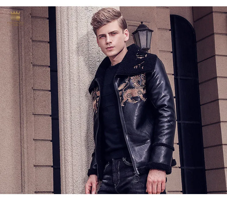 Free Shipping fanzhuan New 2017 fashion male Mens embroidery leather jacket