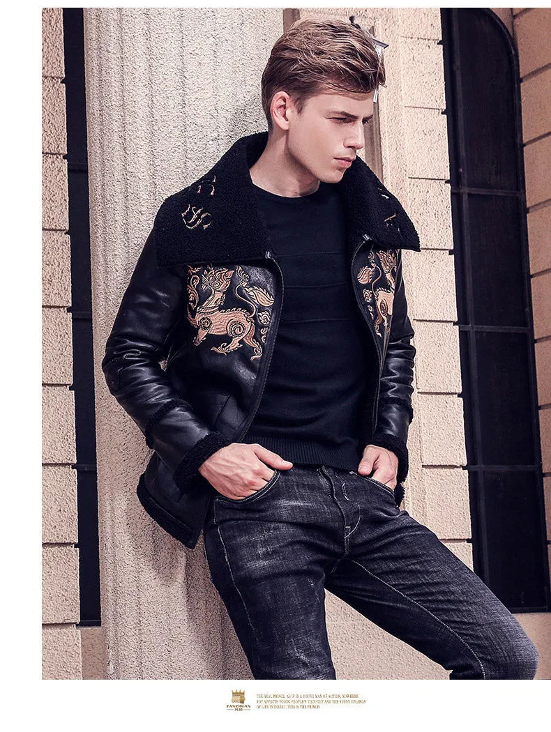 Free Shipping fanzhuan New 2017 fashion male Mens embroidery leather jacket