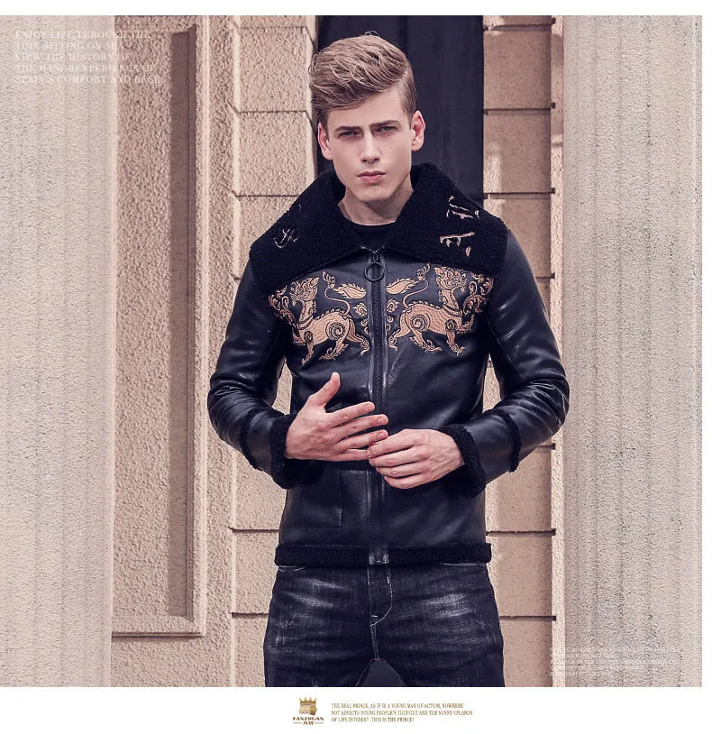 Free Shipping fanzhuan New 2017 fashion male Mens embroidery leather jacket
