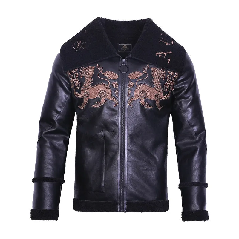 Free Shipping fanzhuan New 2017 fashion male Mens embroidery leather jacket