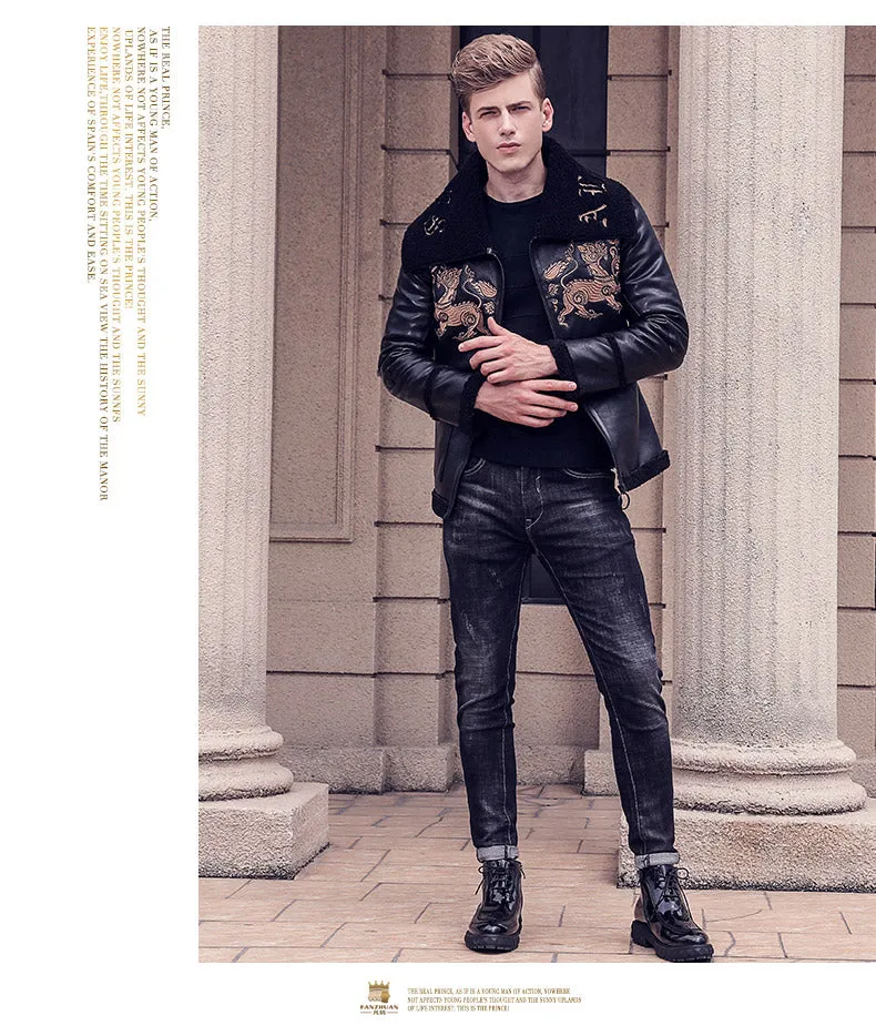 Free Shipping fanzhuan New 2017 fashion male Mens embroidery leather jacket