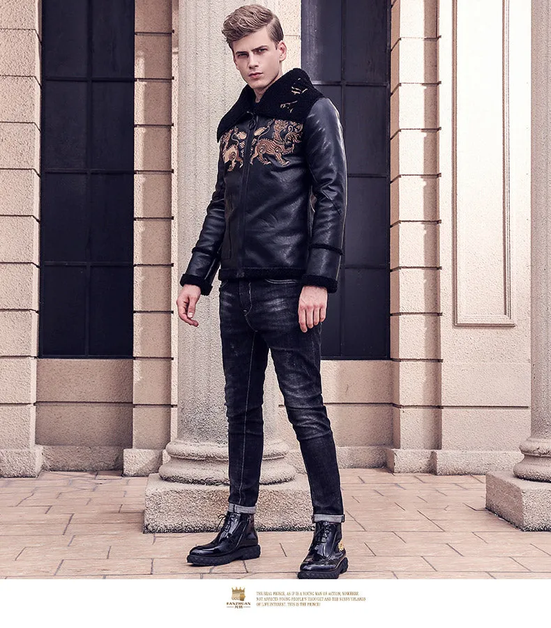 Free Shipping fanzhuan New 2017 fashion male Mens embroidery leather jacket