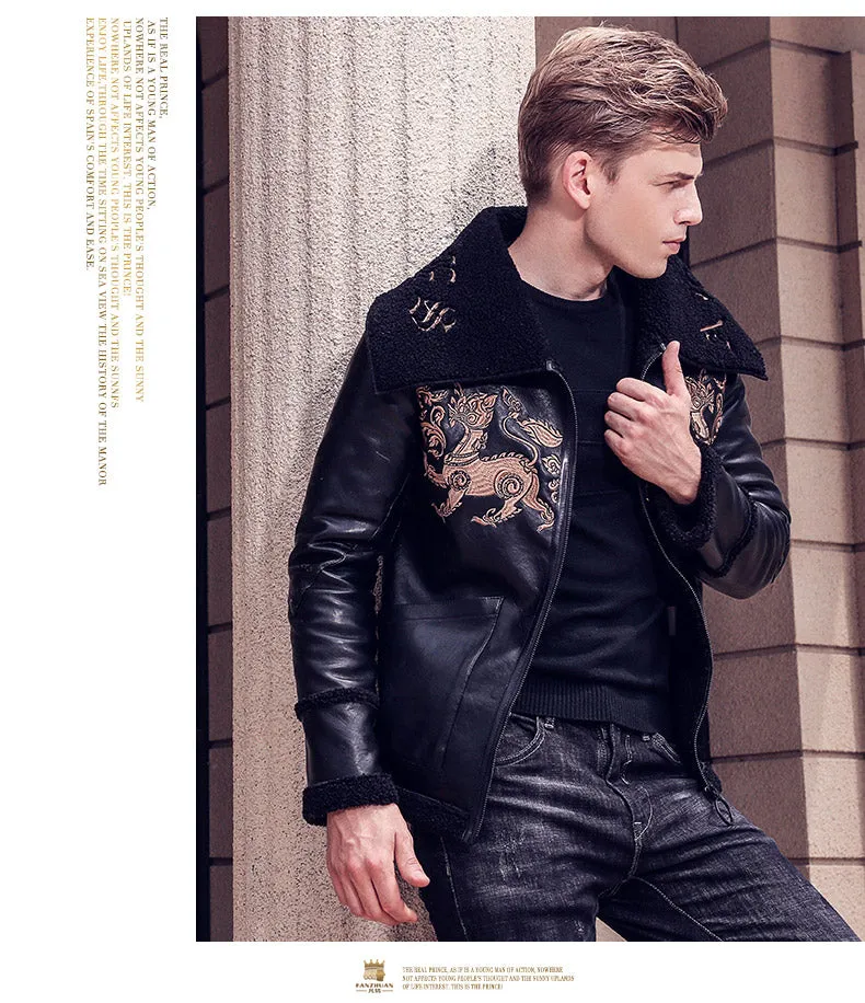 Free Shipping fanzhuan New 2017 fashion male Mens embroidery leather jacket