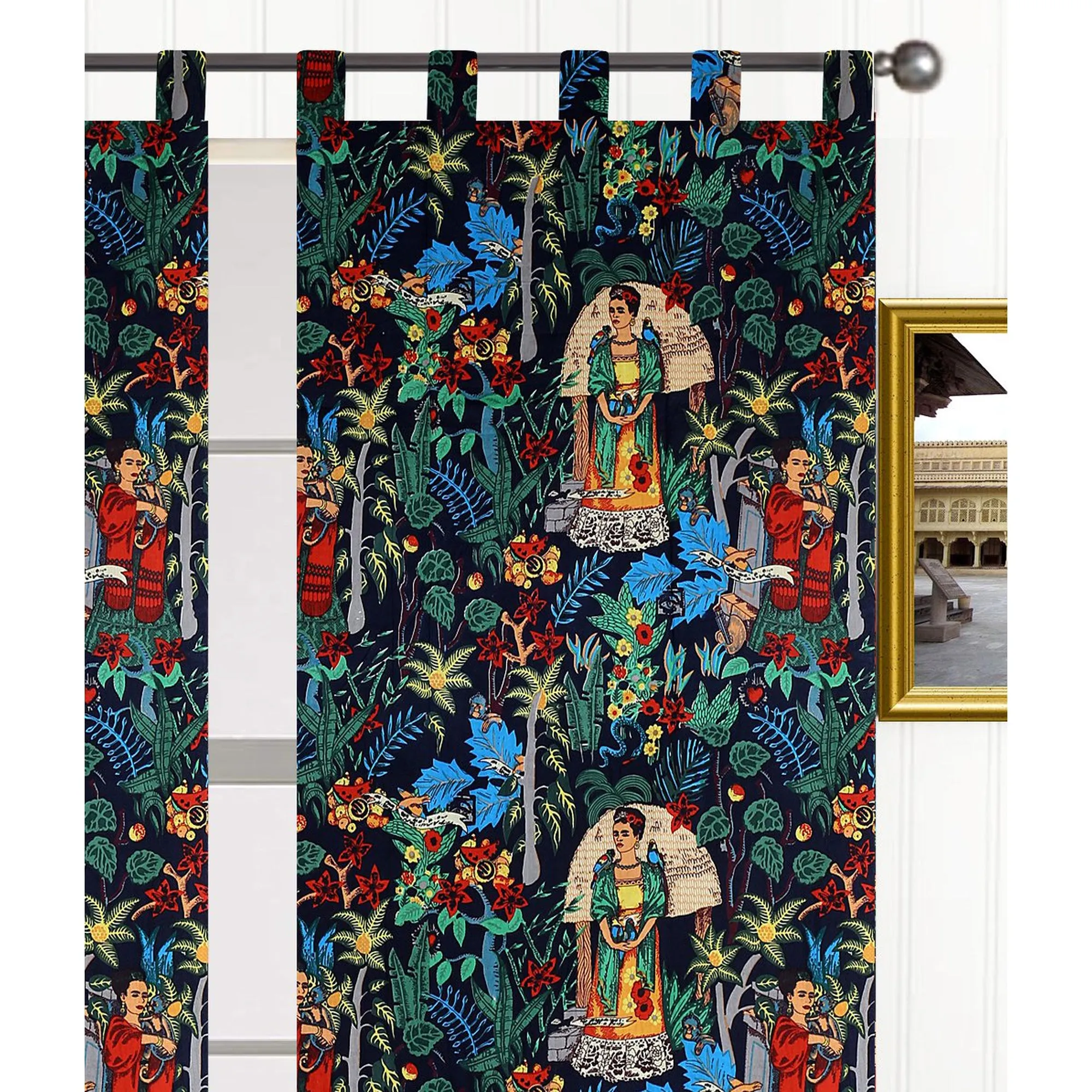 Frida Kahlo Cambric Curtain Pair Black