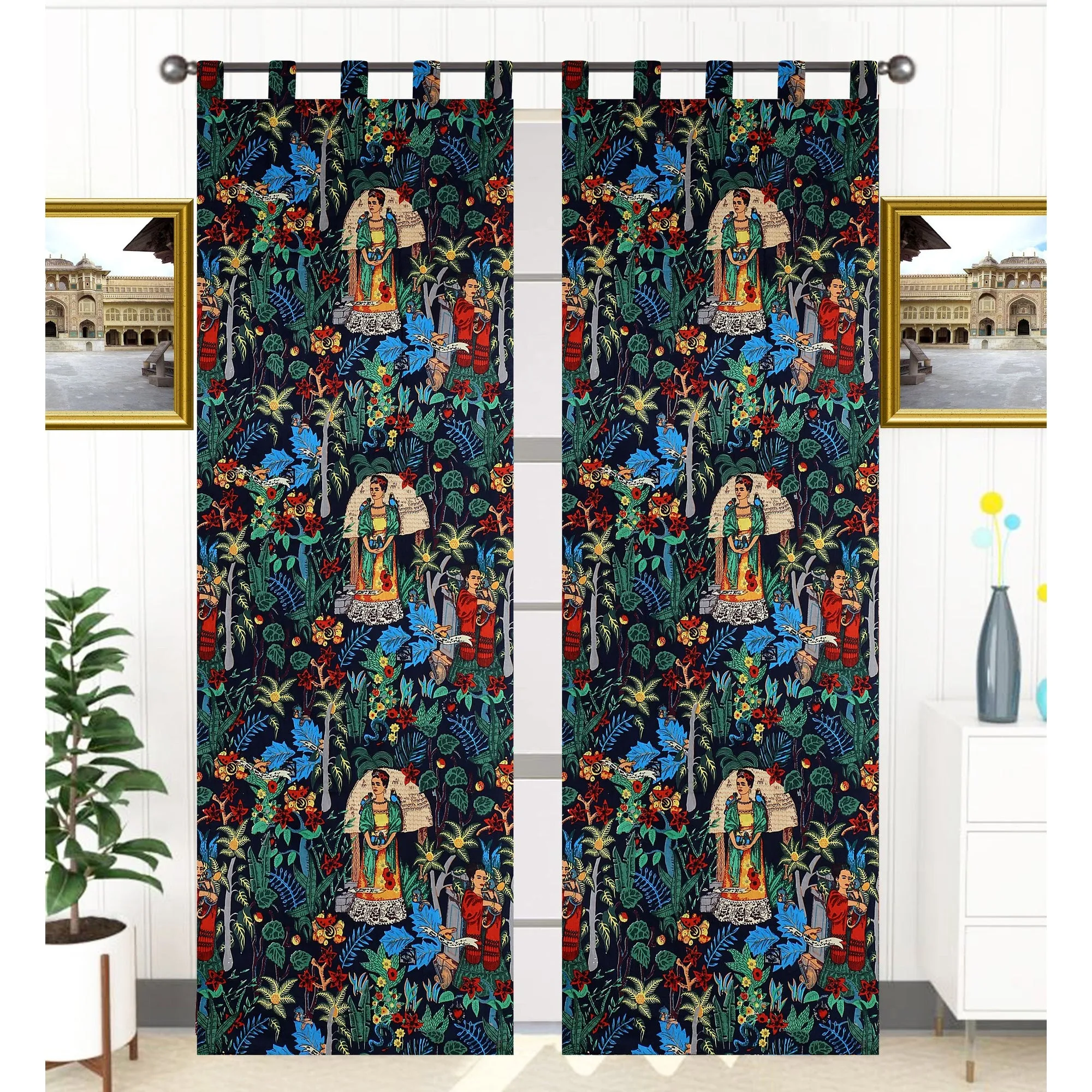 Frida Kahlo Cambric Curtain Pair Black