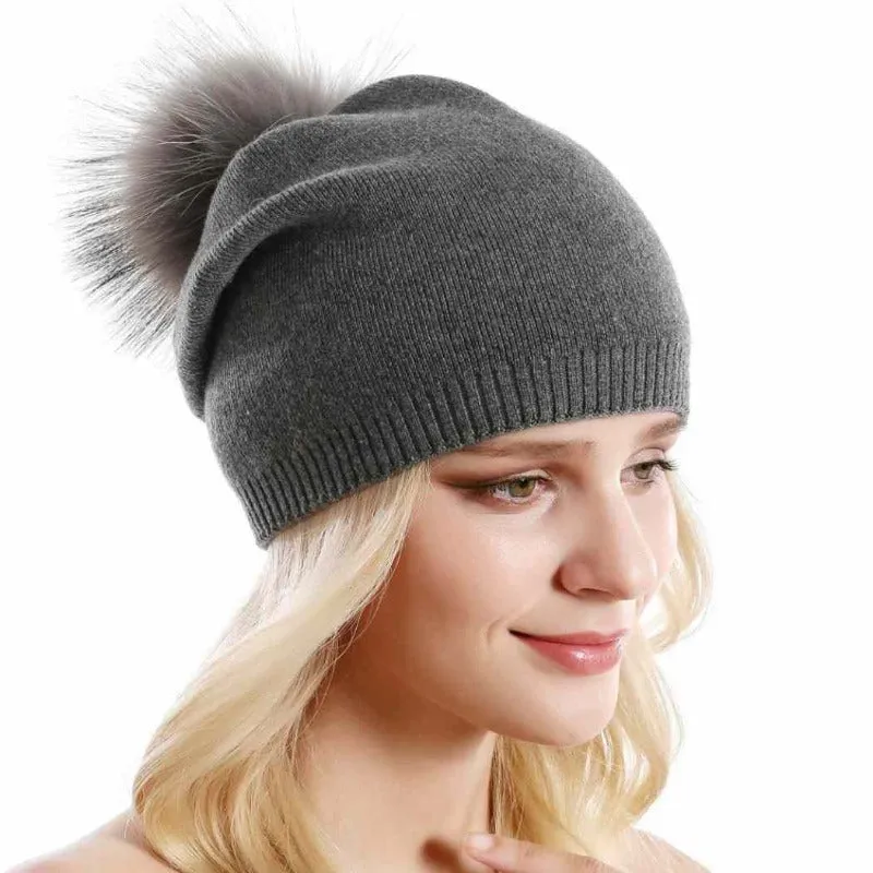 Fur Pom Pom Beanie Hat