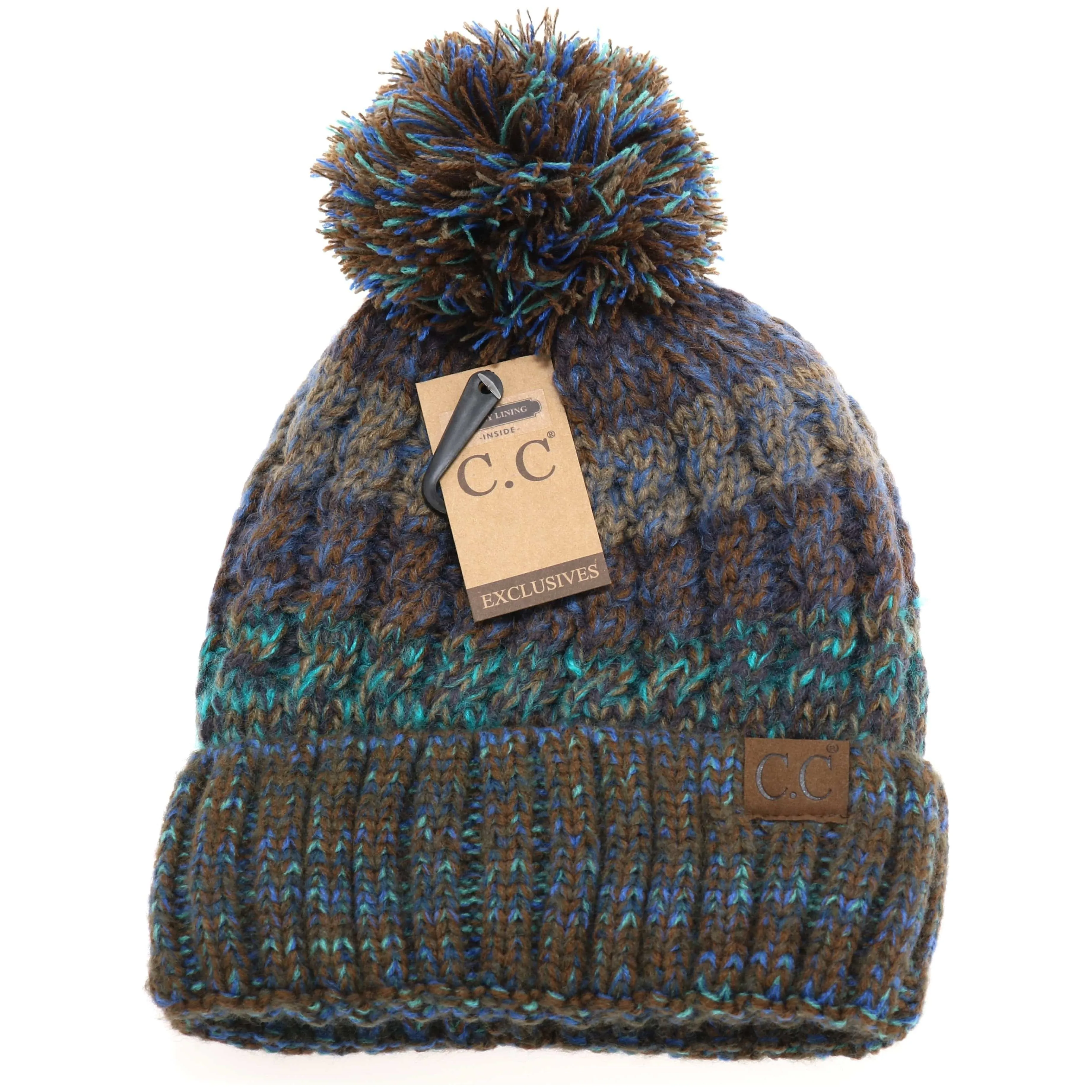 Fuzzy Lined Tri-Color Pom CC Beanie HAT1816