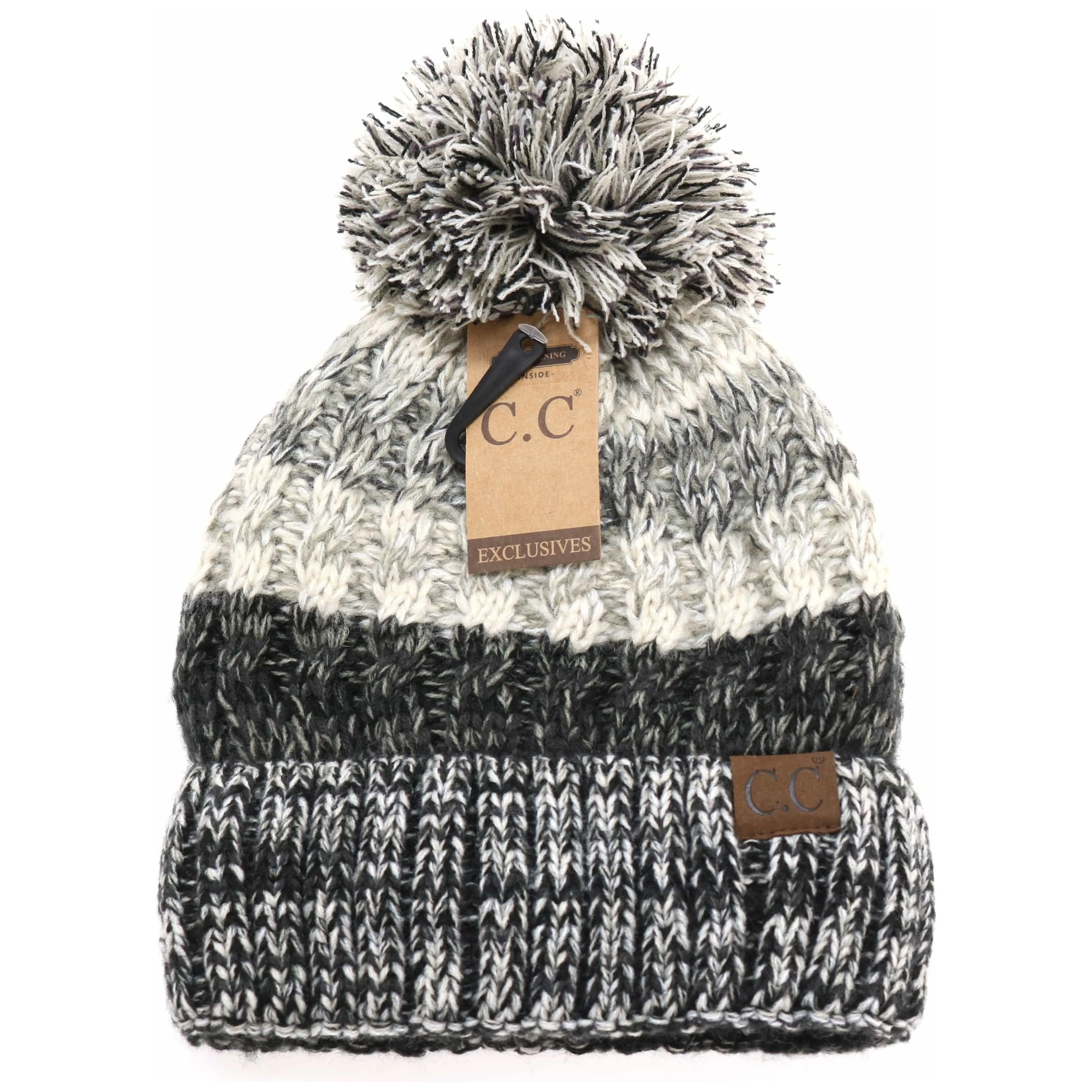 Fuzzy Lined Tri-Color Pom CC Beanie HAT1816