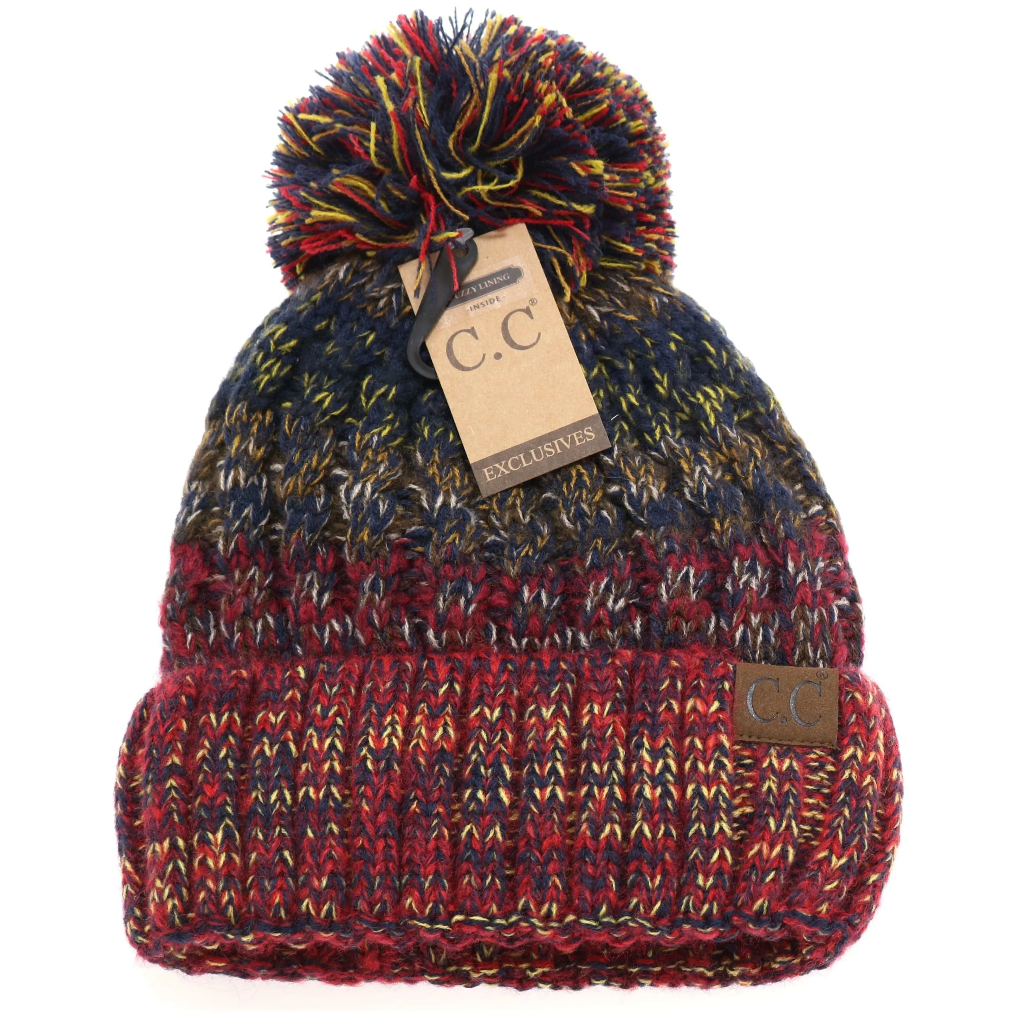 Fuzzy Lined Tri-Color Pom CC Beanie HAT1816