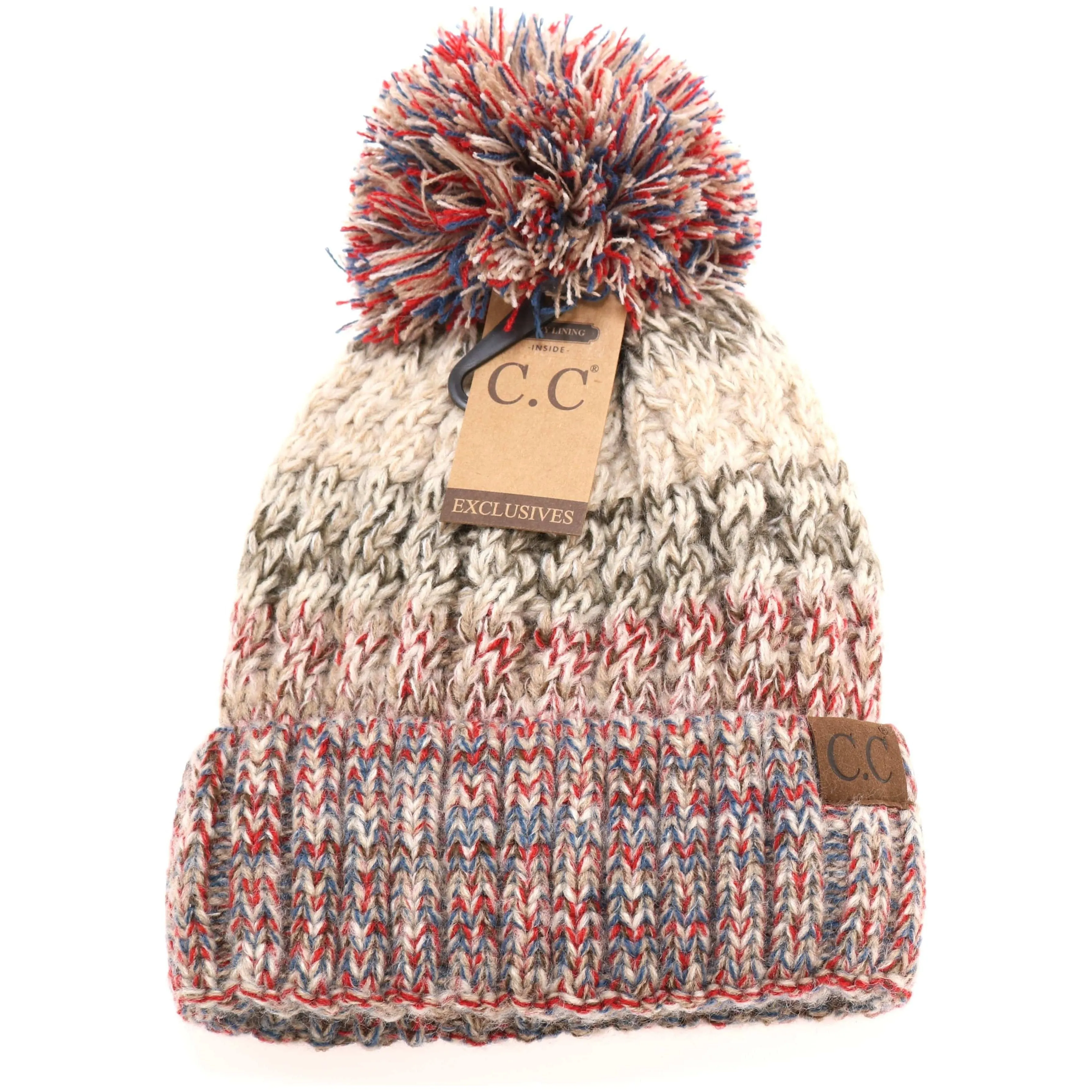 Fuzzy Lined Tri-Color Pom CC Beanie HAT1816
