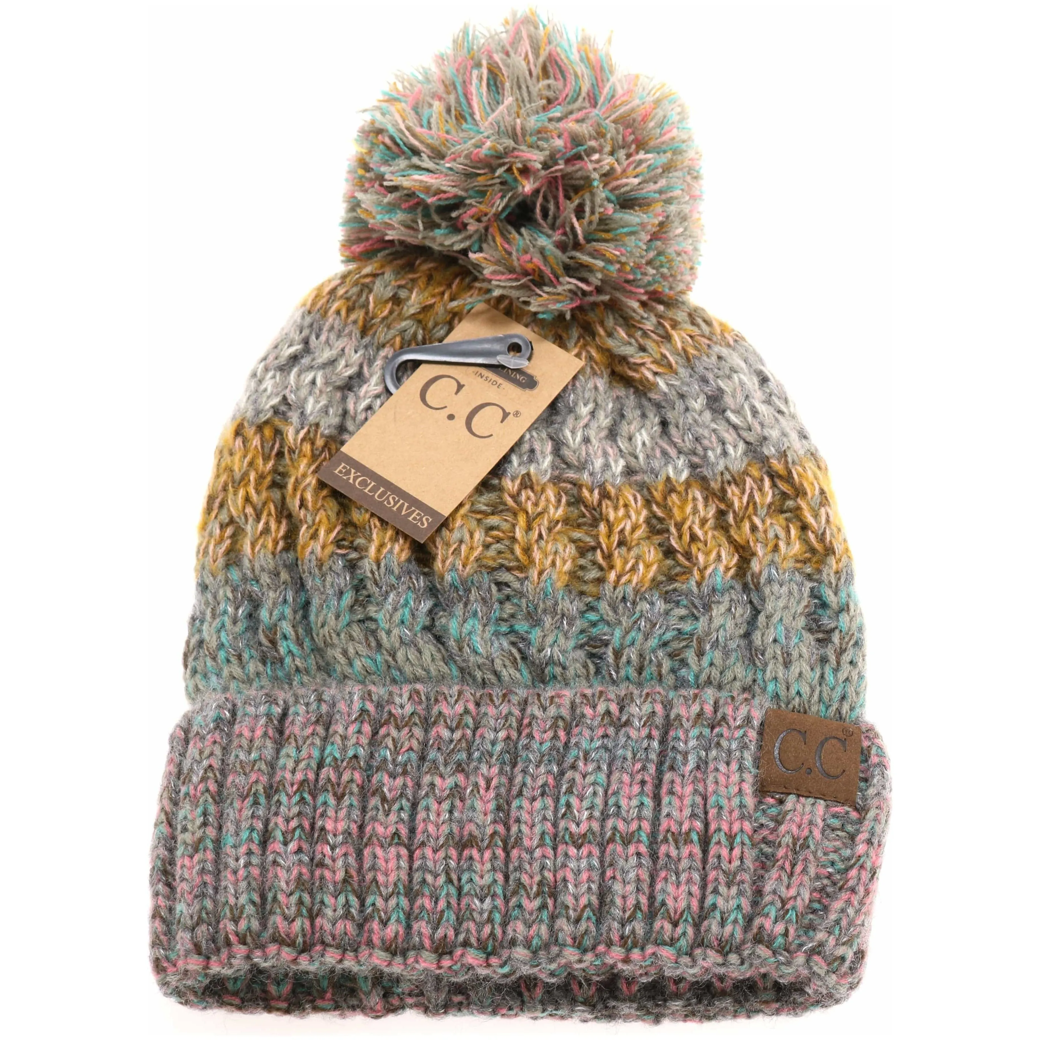 Fuzzy Lined Tri-Color Pom CC Beanie HAT1816